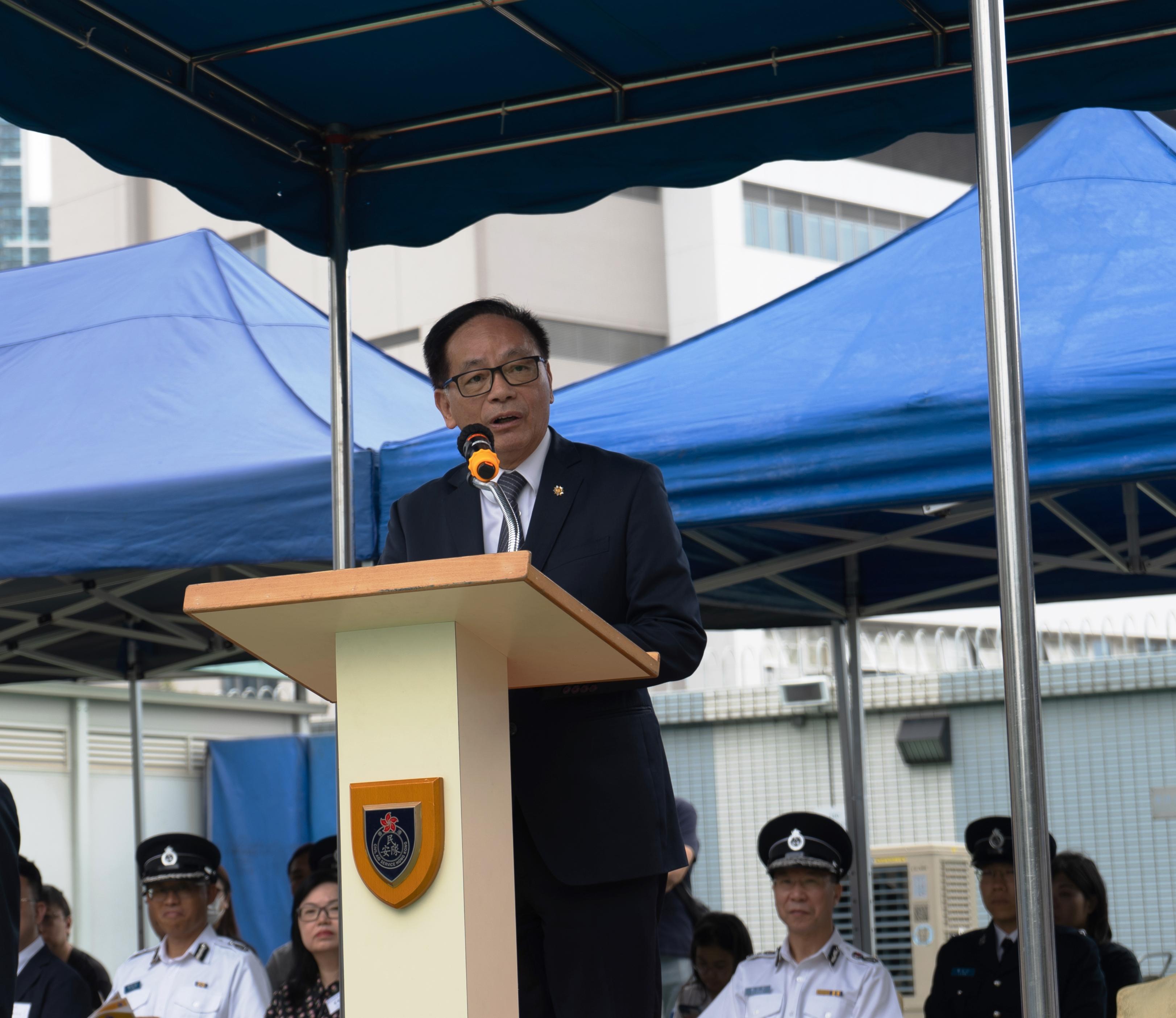 The Civil Aid Service Cadet Corps held the 147th New Cadets Passing-out Parade today (May 3). Photo shows former Hong Kong deputy to the National People's Congress Mr Ip Kwok-him delivering a speech at the parade.