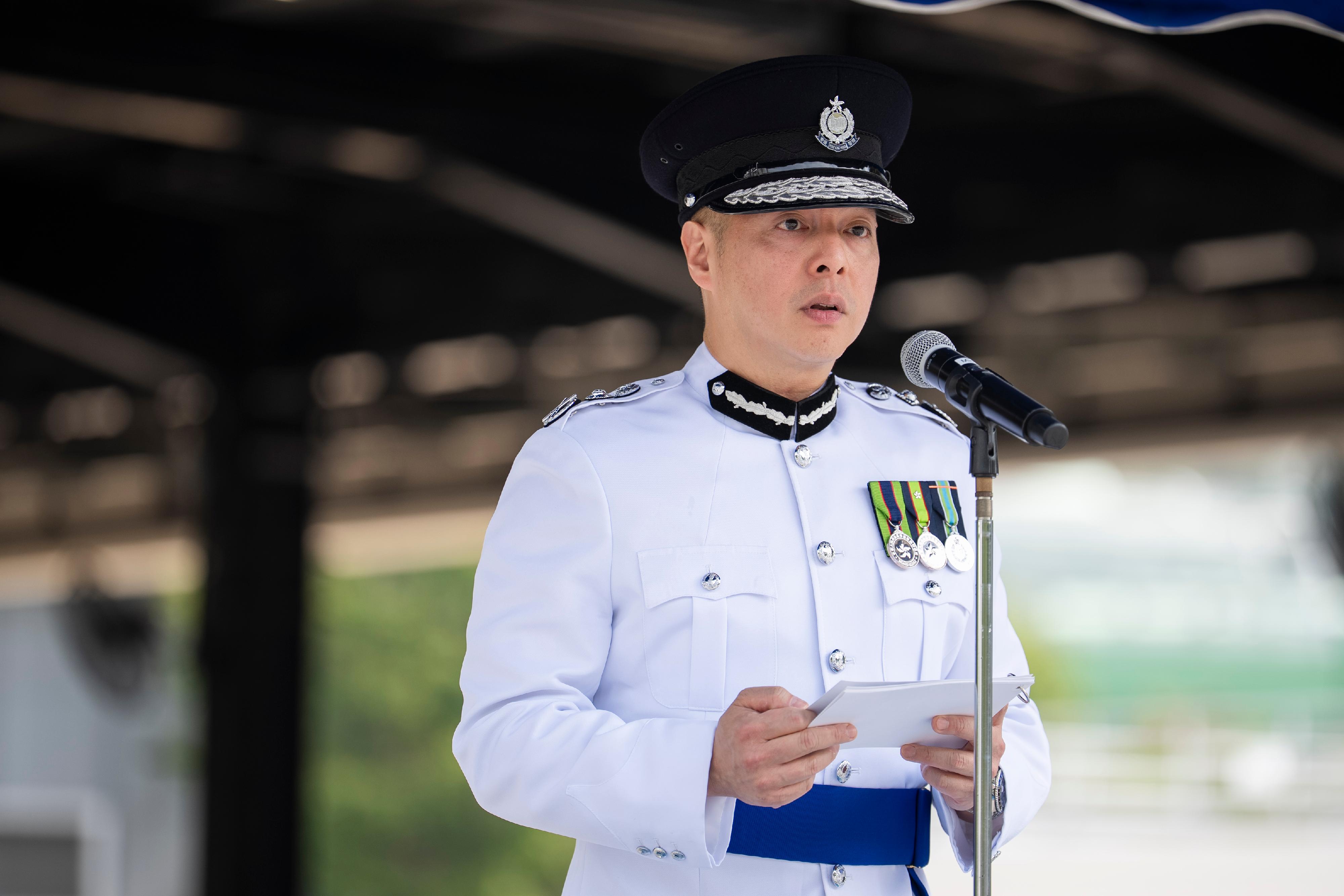 The Commissioner of Police, Mr Chow Yat-ming, speaks at a passing-out parade of the Police Cadet Training today (May 3), hoping them to uphold the proud traditions of the “Cadets” while contributing to Hong Kong’s prosperity and stability.