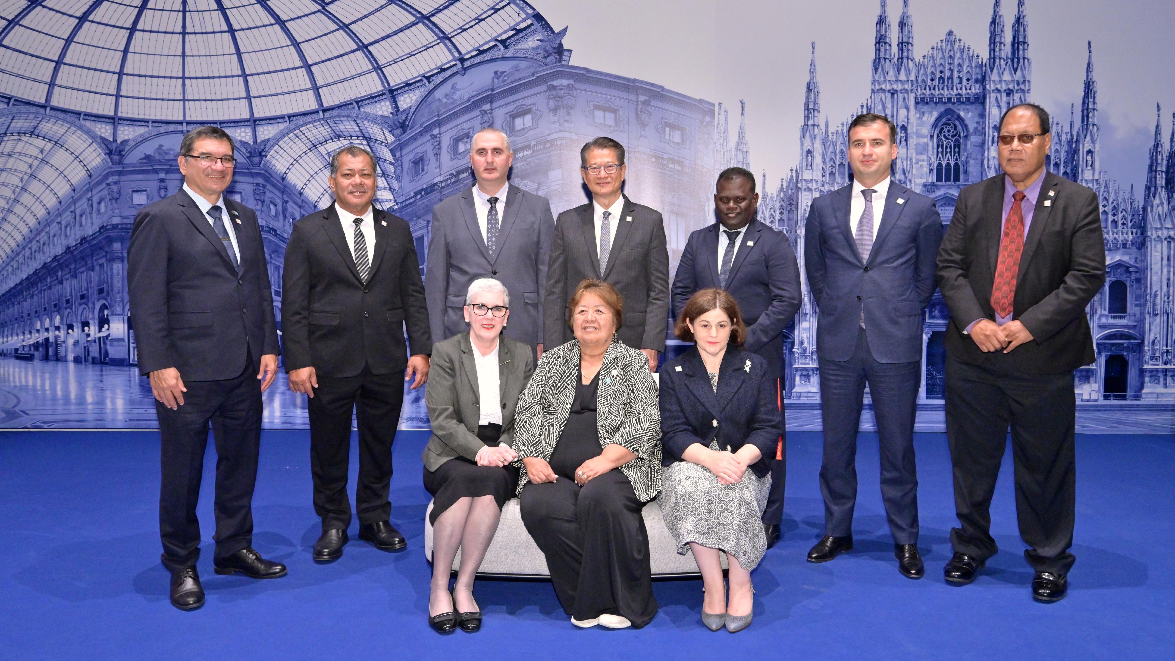 The Financial Secretary, Mr Paul Chan, attended the 58th Annual Meeting of the Asian Development Bank (ADB) in Milan, Italy yesterday (May 4, Milan time). Photo shows Mr Chan (back row, centre) with other participants of the Constituency Meeting of the ADB Annual Meeting.