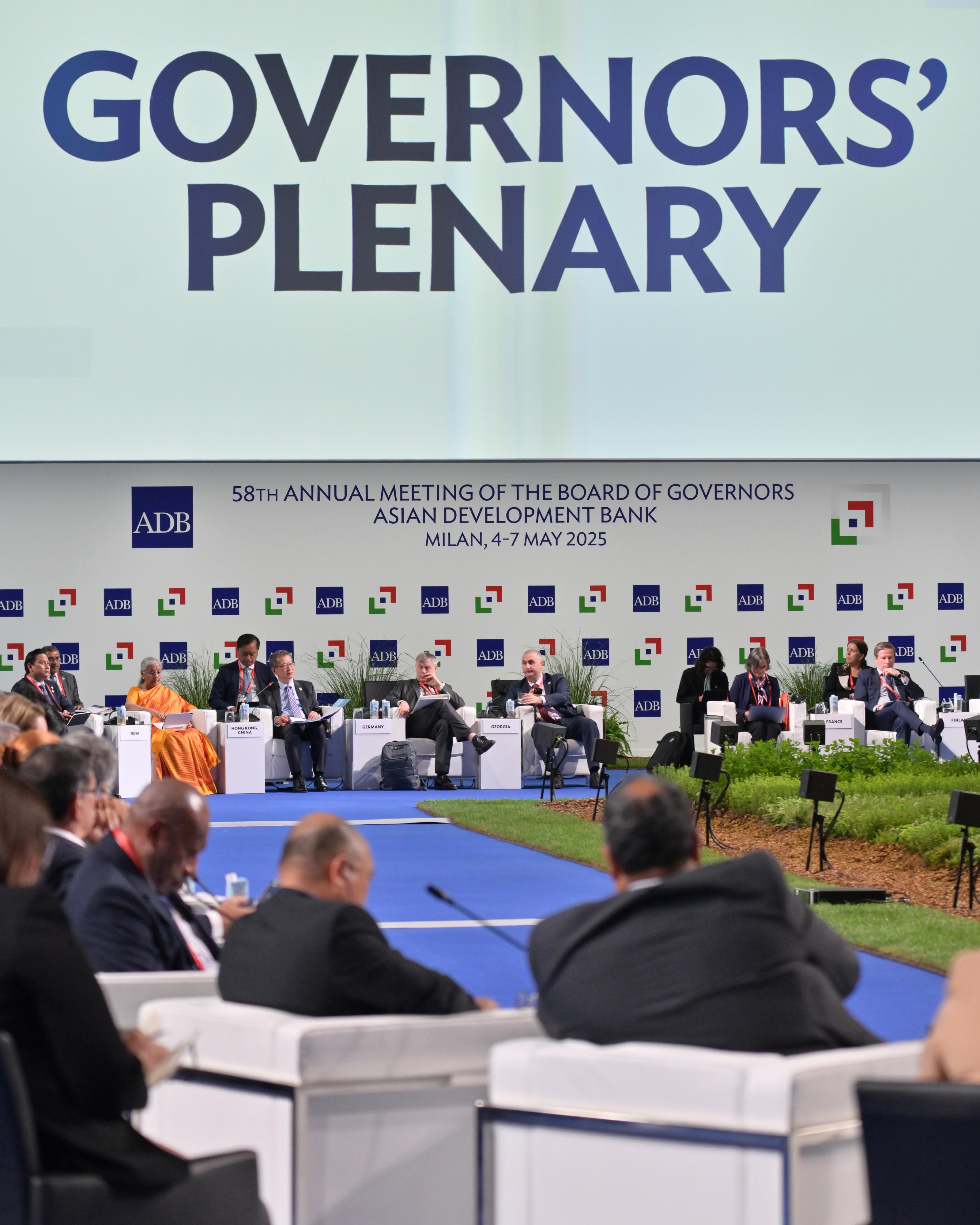 The Financial Secretary, Mr Paul Chan, continued his visit to Milan, Italy yesterday (May 6, Milan time) for the 58th Annual Meeting of the Asian Development Bank. Photo shows Mr Chan (fifth left) speaking at the Governors' Plenary.