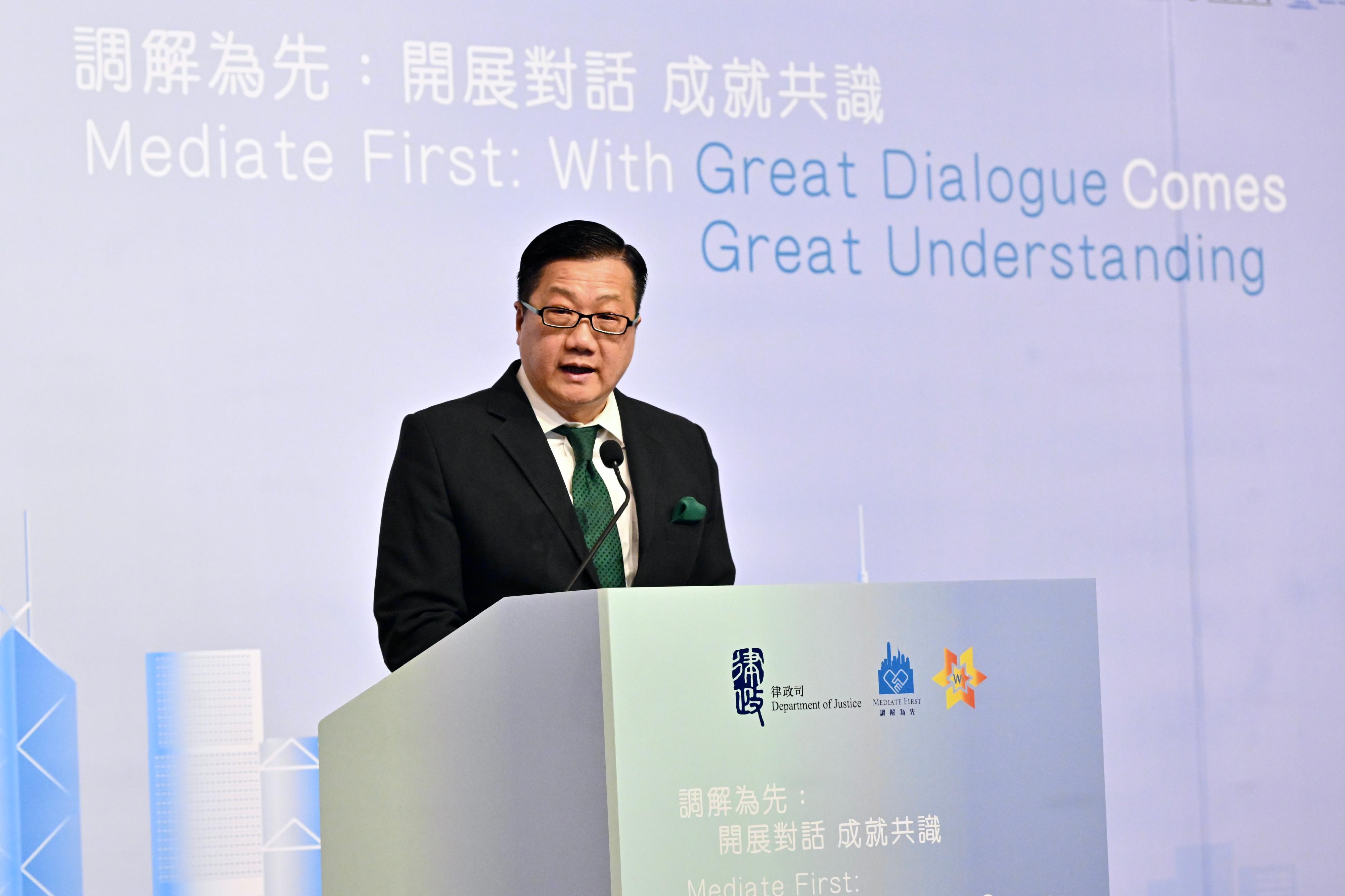 The biennial "Mediate First" Pledge Event organised by the Department of Justice was held today (May 9). Photo shows the Ombudsman, Mr Jack Chan, delivering his keynote speech.