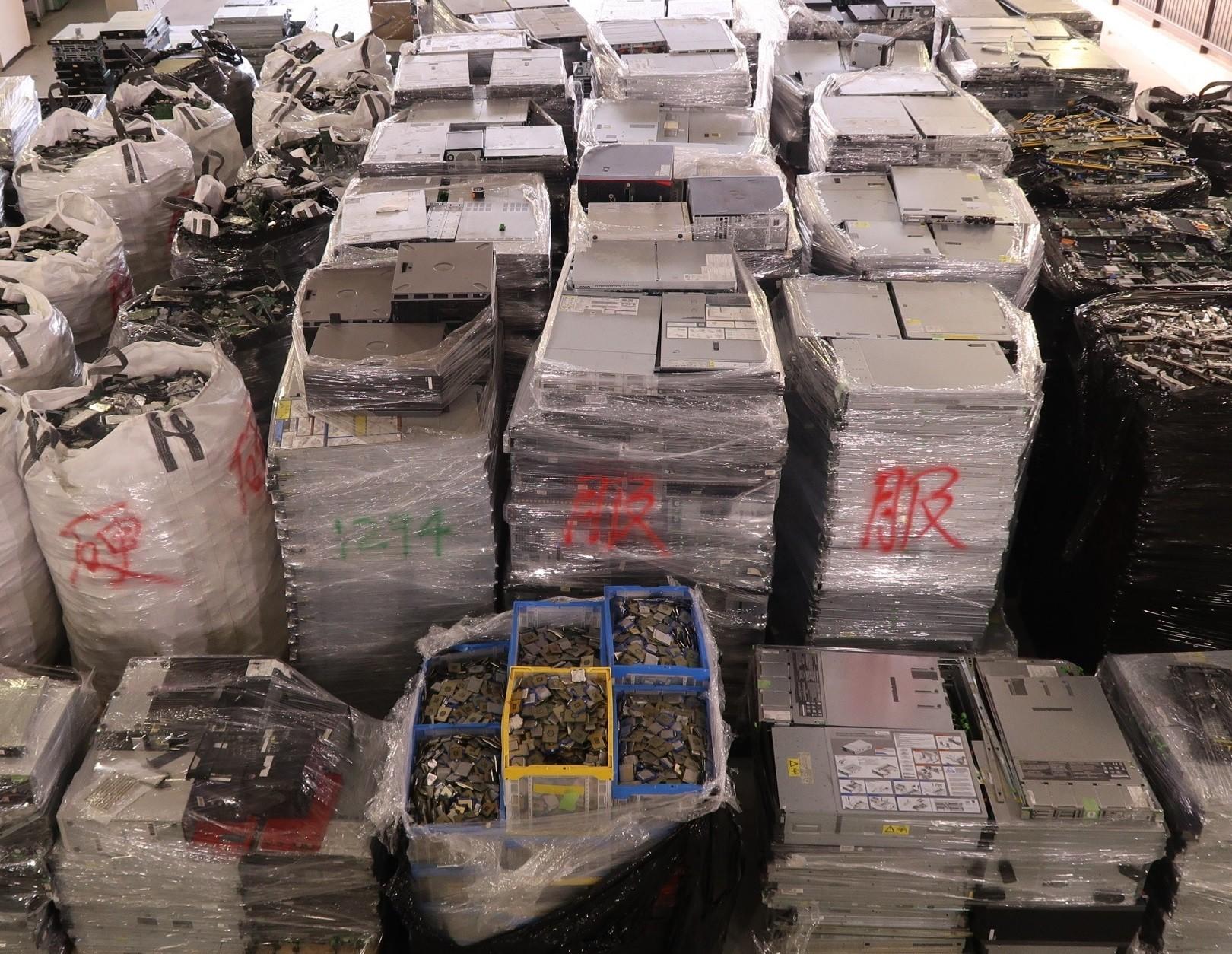 Hong Kong Customs on April 30 and May 1 detected three sea smuggling cases involving ocean-going vessels. A large batch of suspected smuggled electronic goods and parts with a total estimated market value of about $120 million was seized. Photo shows some of the suspected smuggled electronic goods and parts seized.
