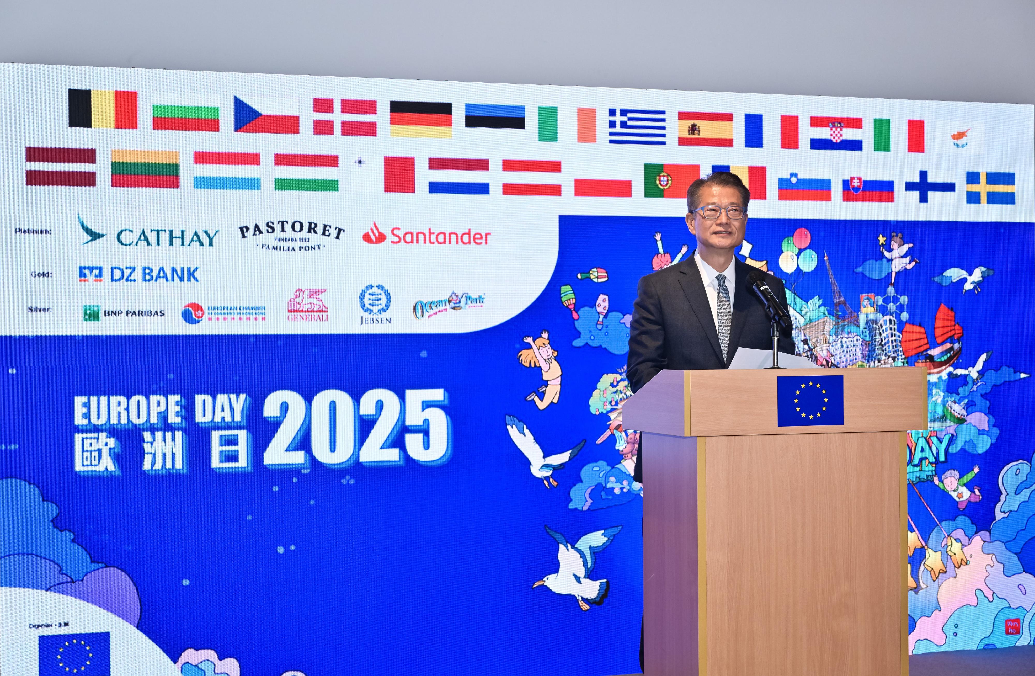 The Financial Secretary, Mr Paul Chan, speaks at the Europe Day 2025 reception today (May 9).