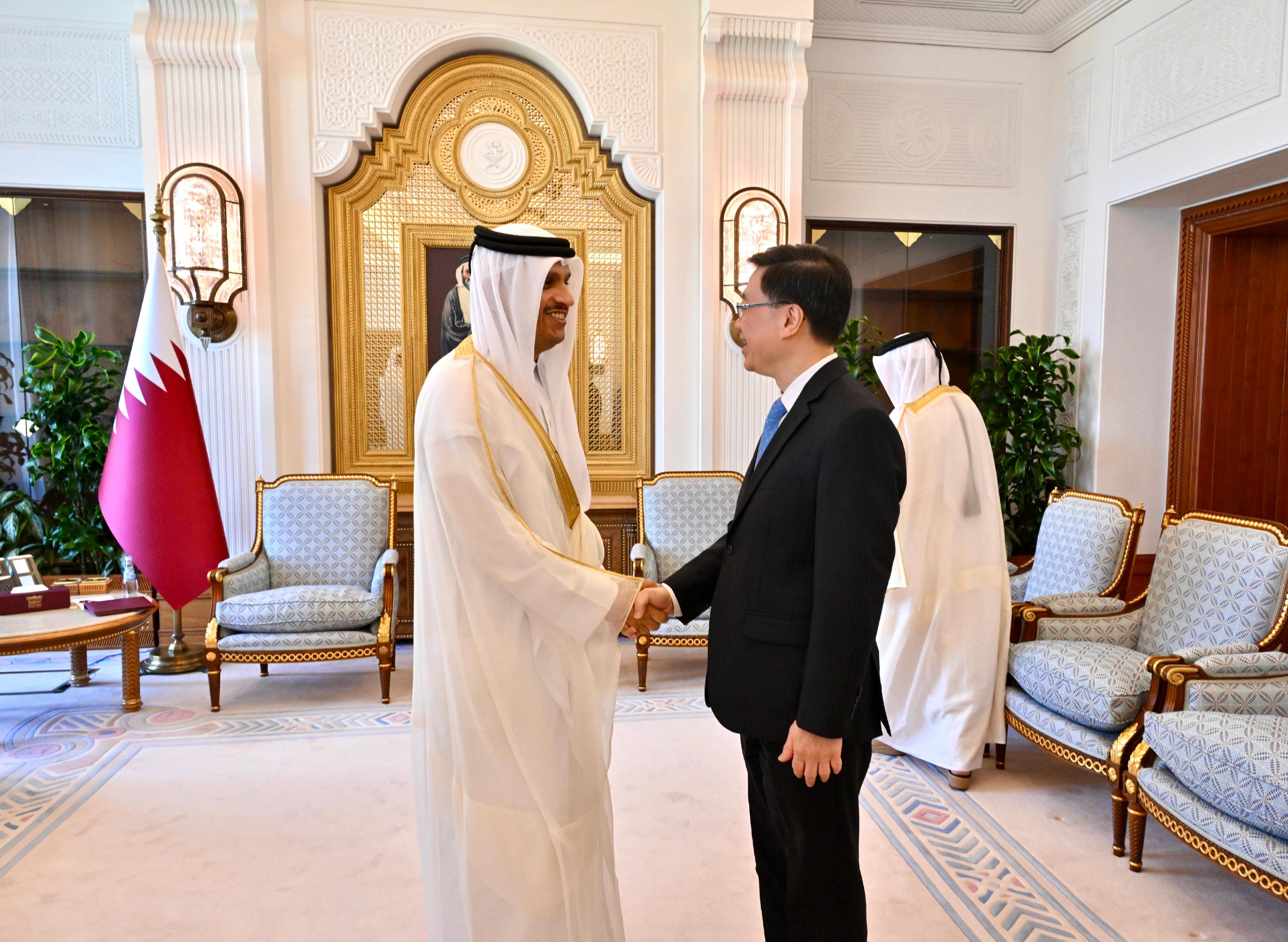 The Chief Executive, Mr John Lee (right), meets with the Prime Minister and Minister of Foreign Affairs of Qatar, Mr Mohammed bin Abdulrahman Al Thani (left), in Qatar, today (May 11).