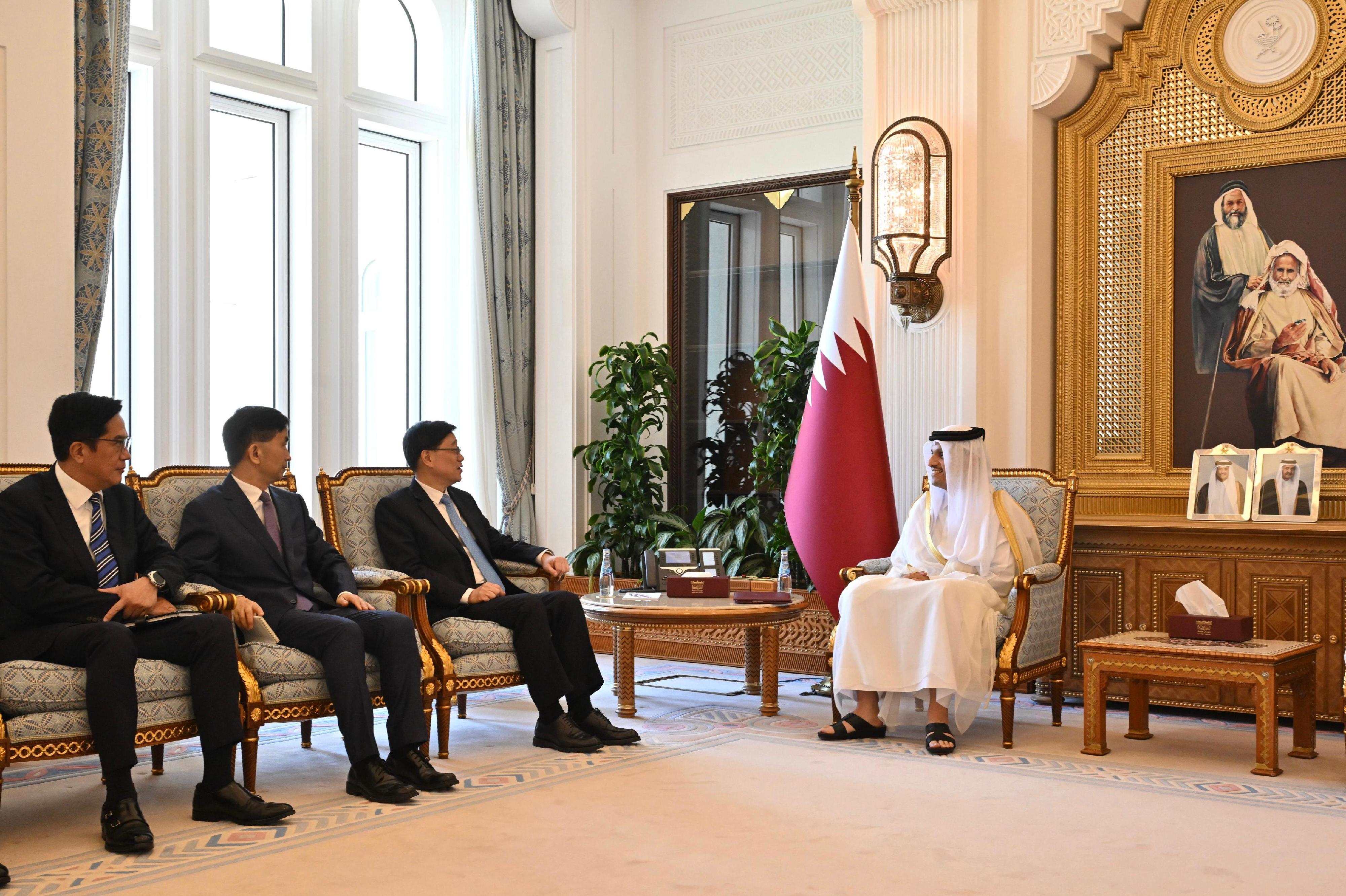 The Chief Executive, Mr John Lee (third left), meets with the Prime Minister and Minister of Foreign Affairs of Qatar, Mr Mohammed bin Abdulrahman Al Thani (first right), in Qatar, today (May 11).