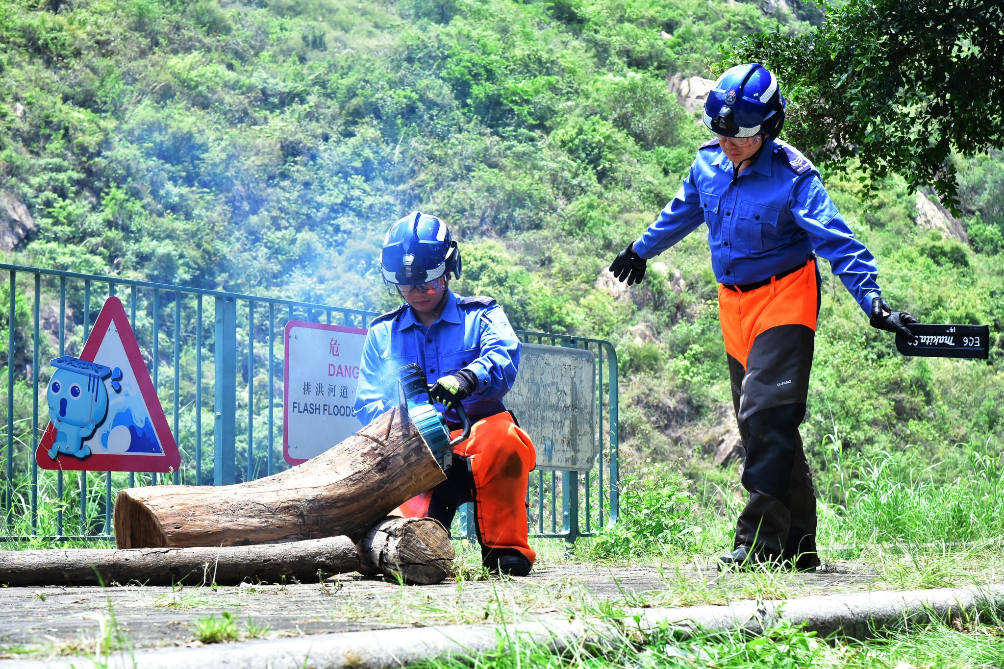 民眾安全服務隊（民安隊）今日（五月十三日）於大嶼山灣篤河道舉行代號為「極風」的演習。圖示民安隊人員使用電動鏈鋸清理阻塞主要道路的塌樹。
