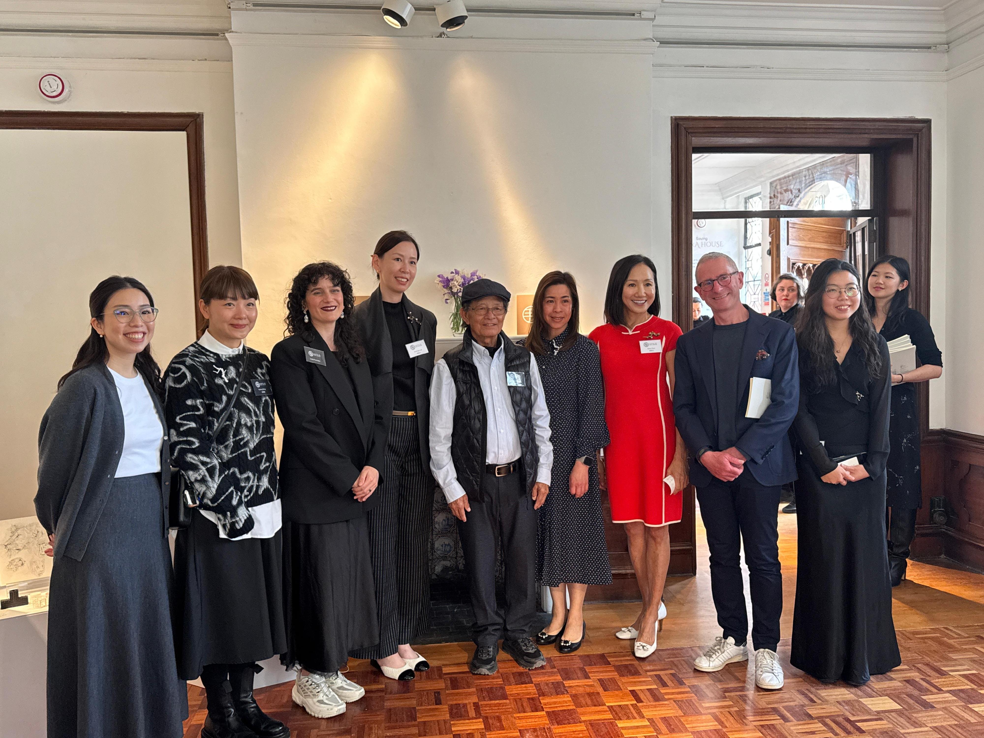 The Hong Kong Economic and Trade Office, London (London ETO), supported Crafts on Peel, a charitable organisation in Hong Kong, to join the London Craft Week 2025, bringing the "Embracing Craft, Connecting Culture" exhibition to London. Photo shows the Director-General of London ETO, Miss Fiona Chau (sixth left); the founder of the Crafts on Peel, Ms Yama Chan (seventh left); the Creative Director of the Crafts on Peel, Ms Penelope Luk (fourth left); the Chairman and Founder of the London Craft Week, Mr Guy Salter (eighth left); and participating artisans at a reception of the exhibition on May 12 (London time).

