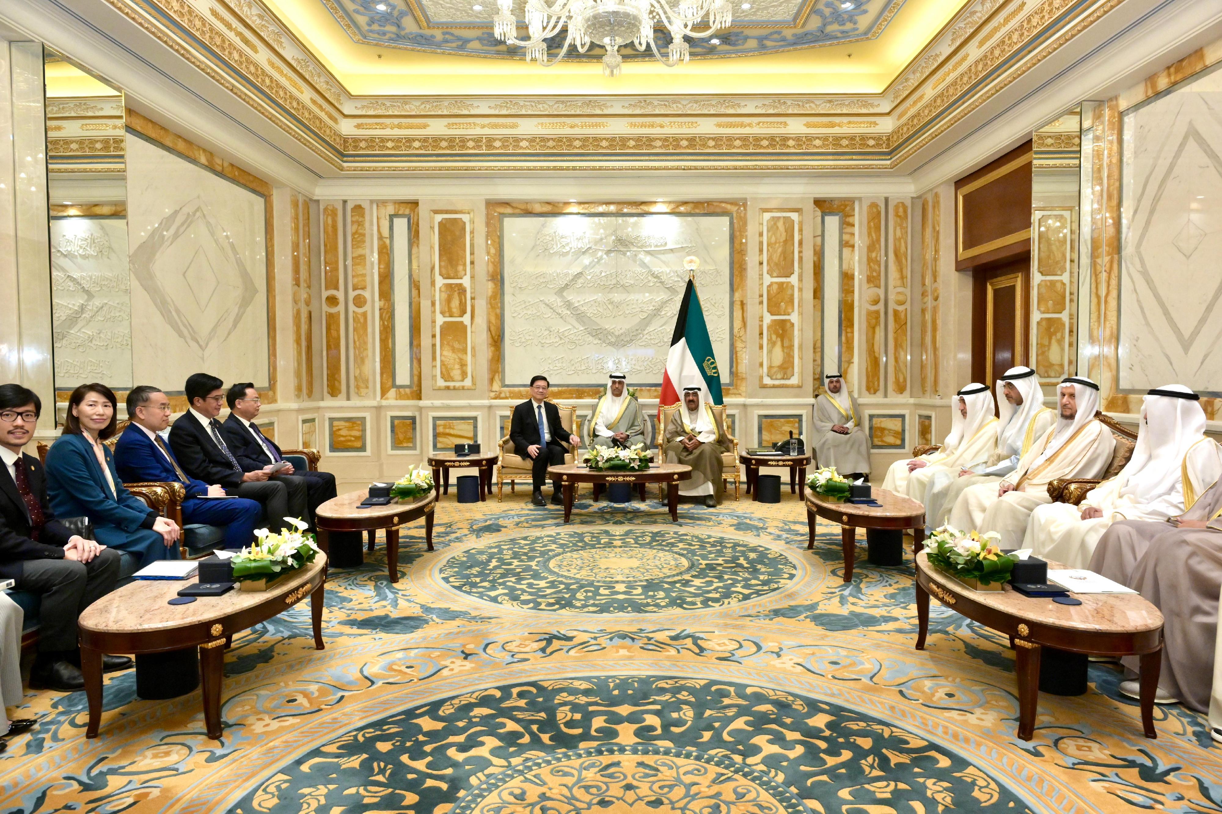 The Chief Executive, Mr John Lee (sixth left), meets with the Amir of Kuwait, Mr Meshal Al-Ahmad Al-Jaber Al-Sabah (sixth right), who is the head of state of Kuwait in Kuwait today (May 13).
