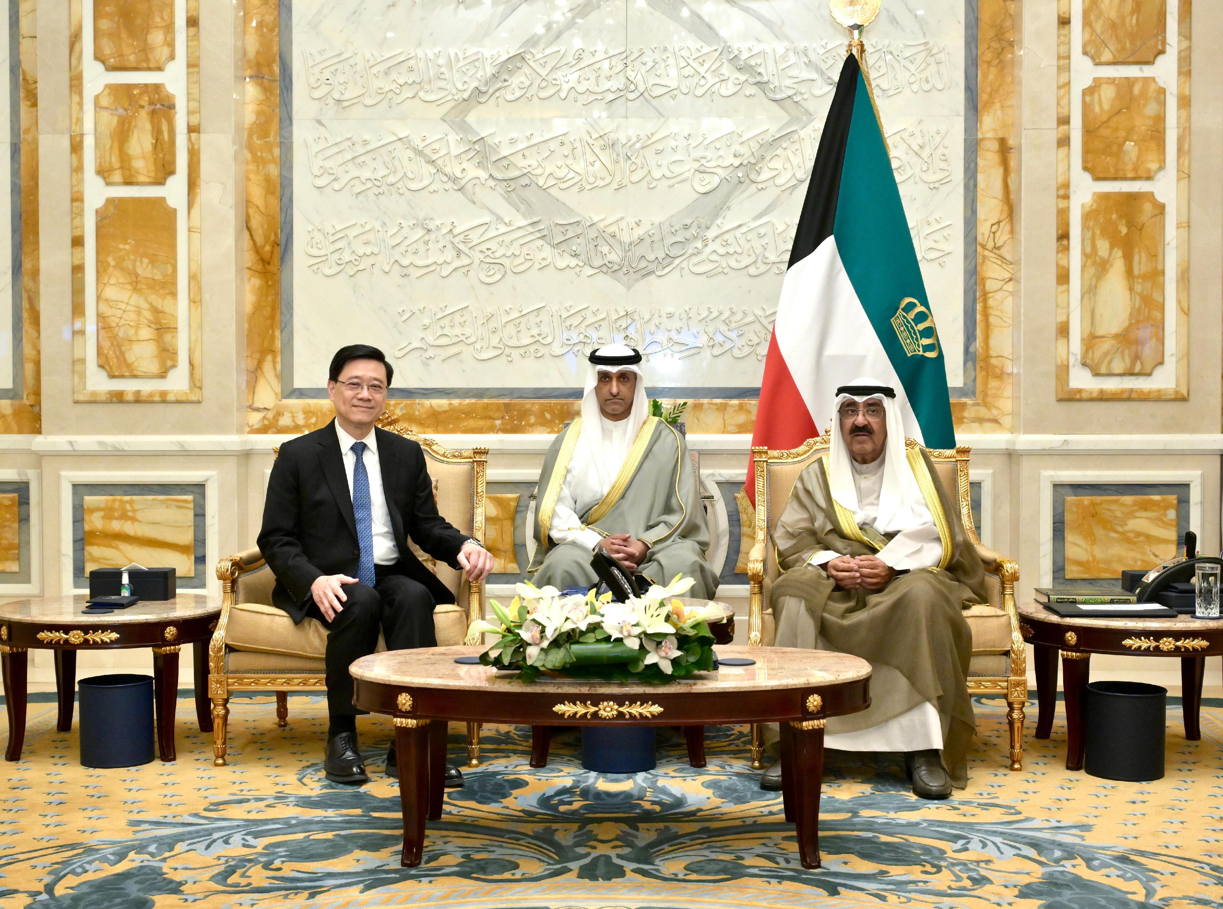 The Chief Executive, Mr John Lee (left), meets with the Amir of Kuwait, Mr Meshal Al-Ahmad Al-Jaber Al-Sabah (right), who is the head of state of Kuwait in Kuwait today (May 13).