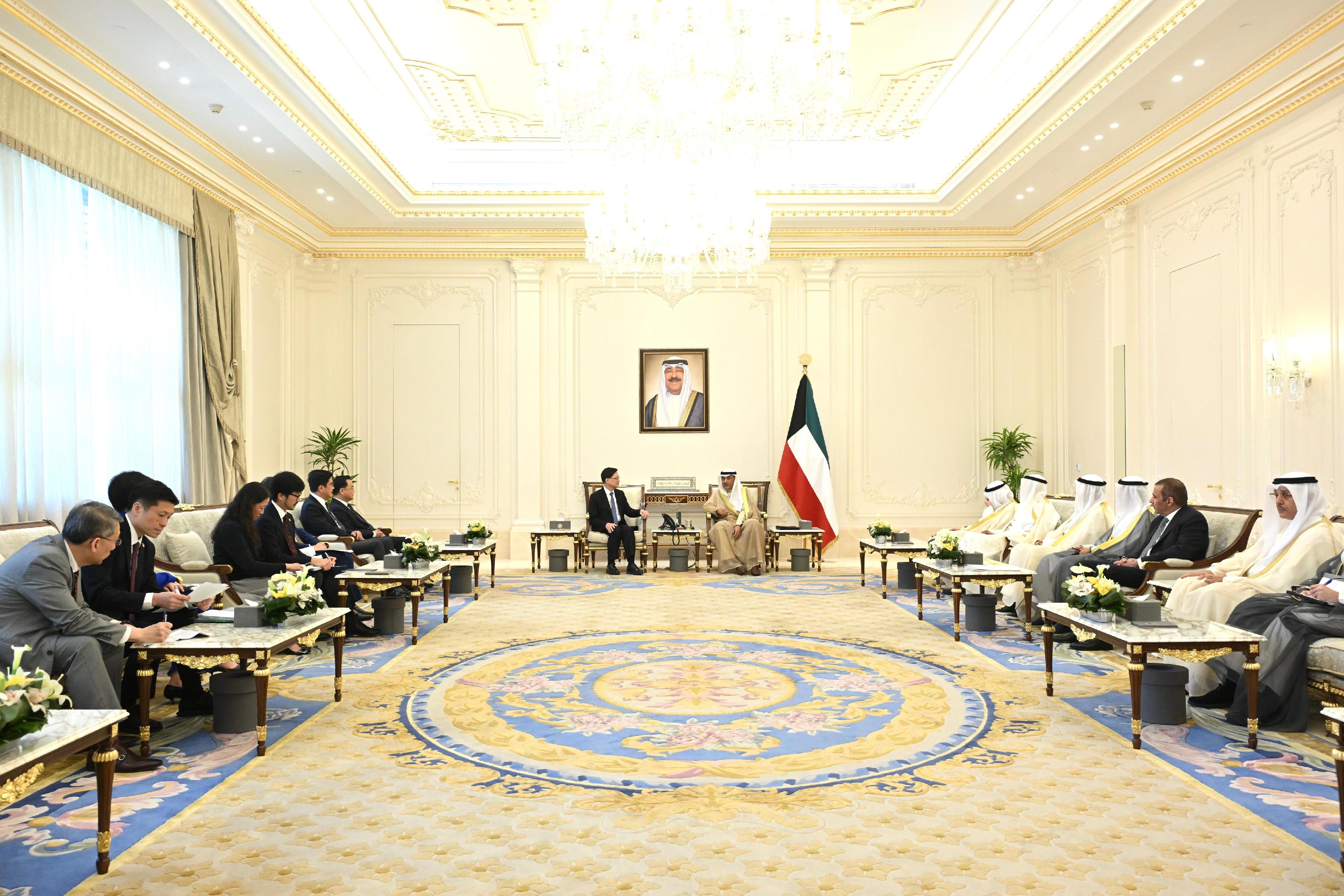The Chief Executive, Mr John Lee (eighth right), meets with the Crown Prince of Kuwait, Mr Sabah Al-Khaled Al-Hamad Al-Mubarak Al-Sabah (seventh right), in Kuwait today (May 13).
