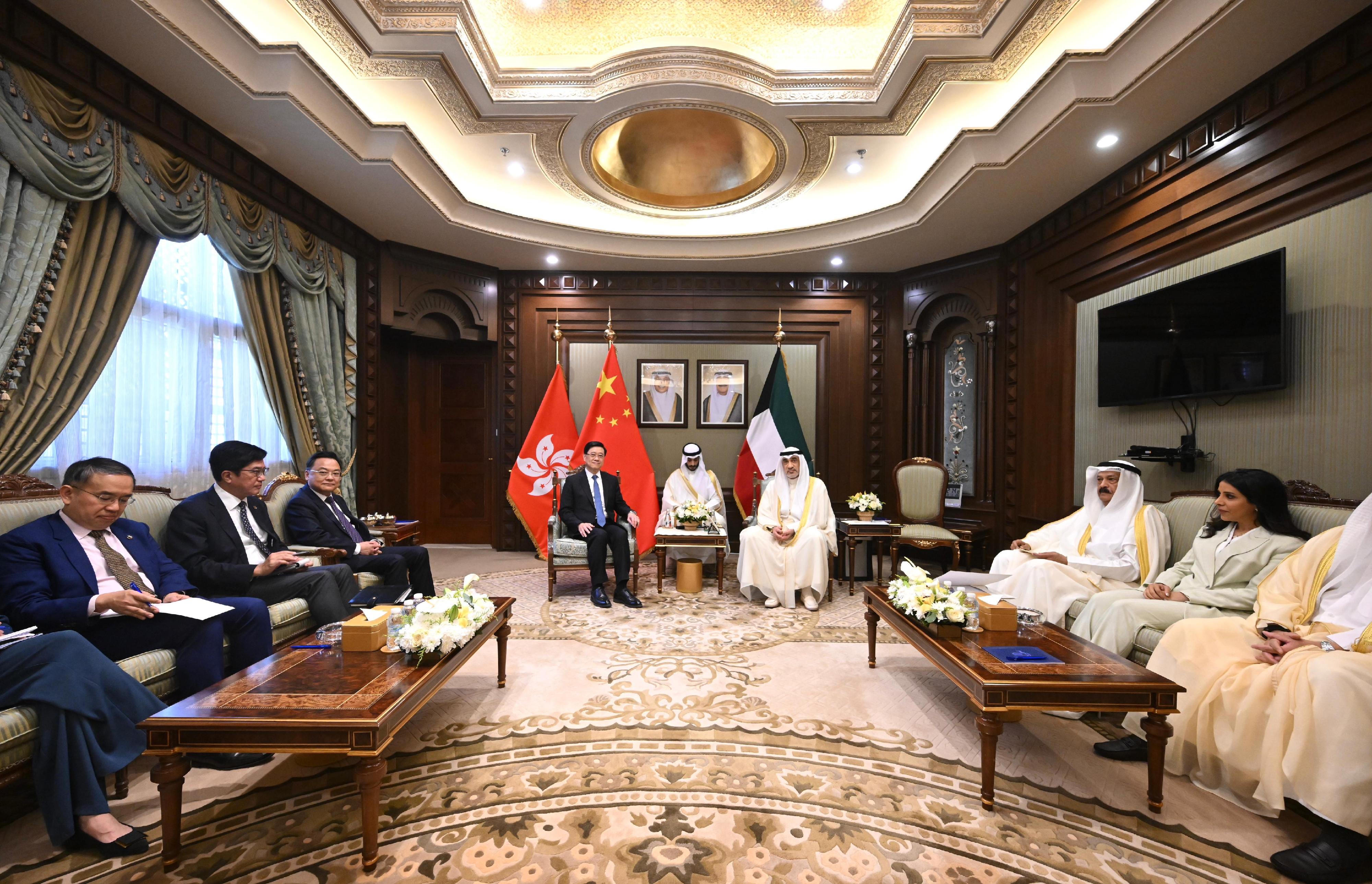The Chief Executive, Mr John Lee (fourth left), meets with the Acting Prime Minister of Kuwait, Mr Fahad Yousuf Saud Al-Sabah (third right), in Kuwait today (May 13).