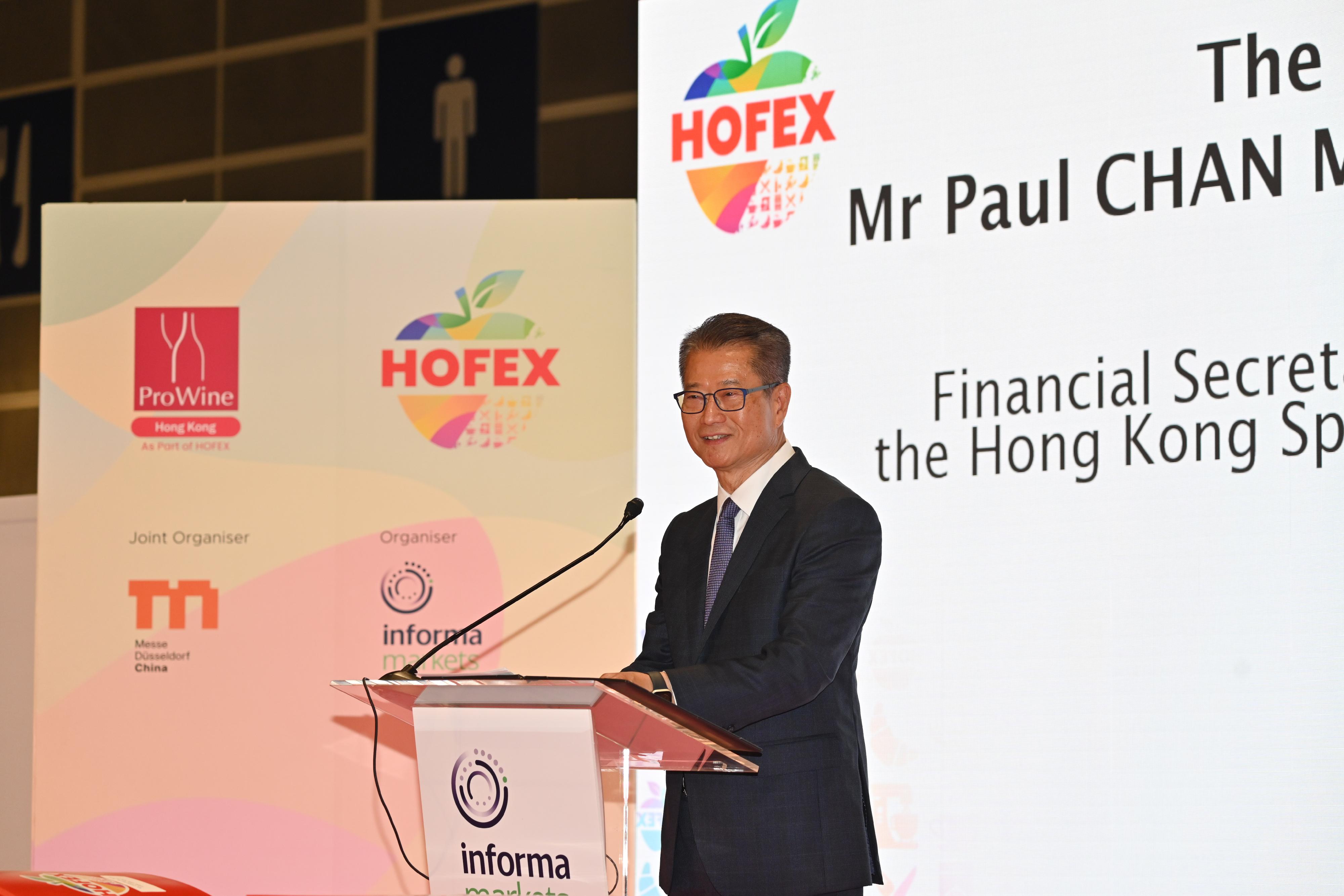 The Financial Secretary, Mr Paul Chan, speaks at the HOFEX and ProWine Hong Kong @ HOFEX Opening Ceremony today (May 14).