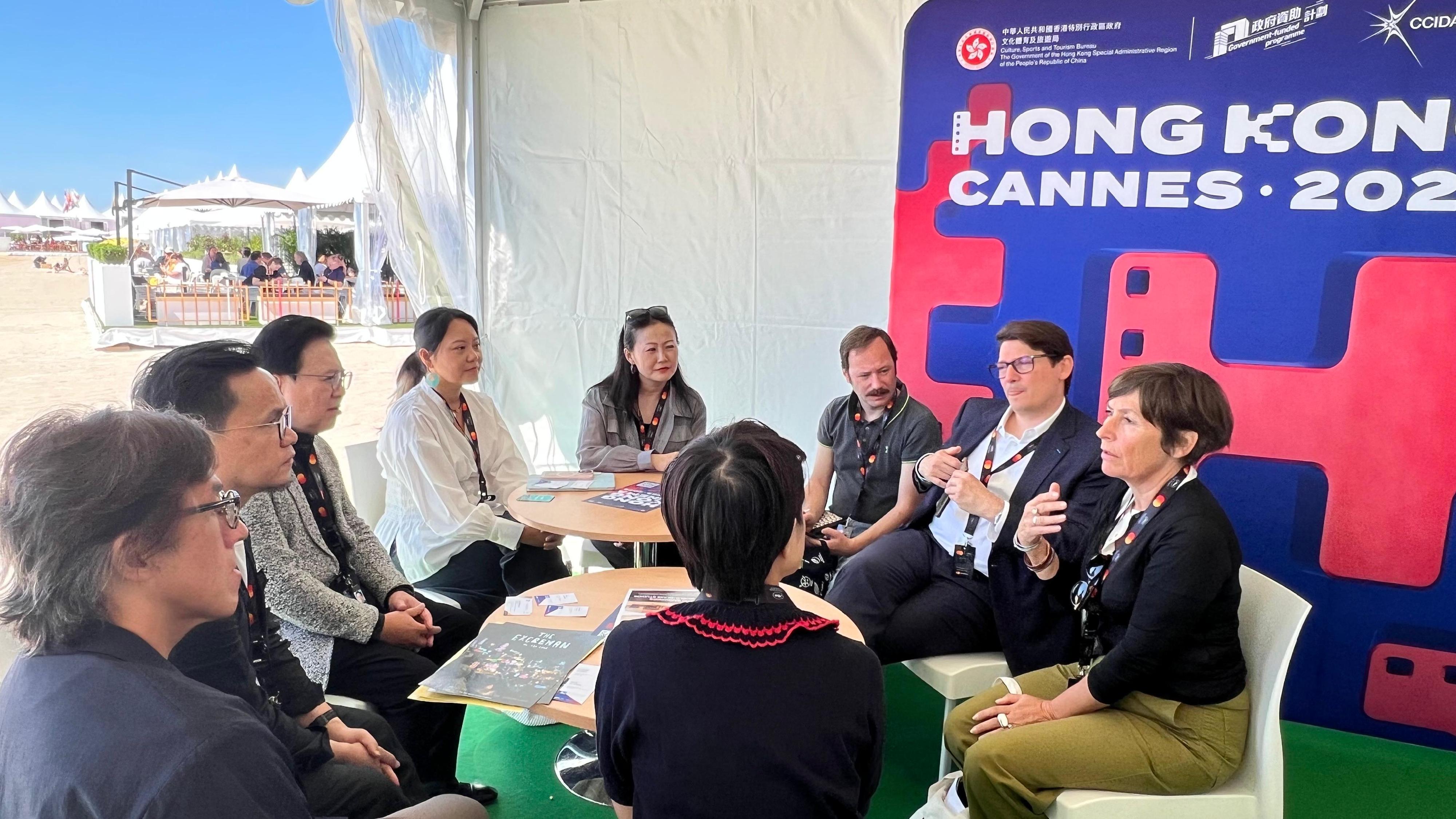 The Cultural and Creative Industries Development Agency under the Culture, Sports and Tourism Bureau and the Hong Kong Film Development Council (FDC) led an industry delegation to participate in the 78th Cannes Film Festival in France. Photo shows Assistant Commissioner for Cultural and Creative Industries and Secretary-General of the FDC, Mr Gary Mak (second left), and the Chairman of the FDC, Dr Wilfred Wong (third left), having meetings on May 15 (Cannes time) with film organisations, representatives from film festivals and filmmakers from around the world, with an aim to strengthen international connections and explore overseas markets together with the film industry, bringing more outstanding Hong Kong films to audiences worldwide.