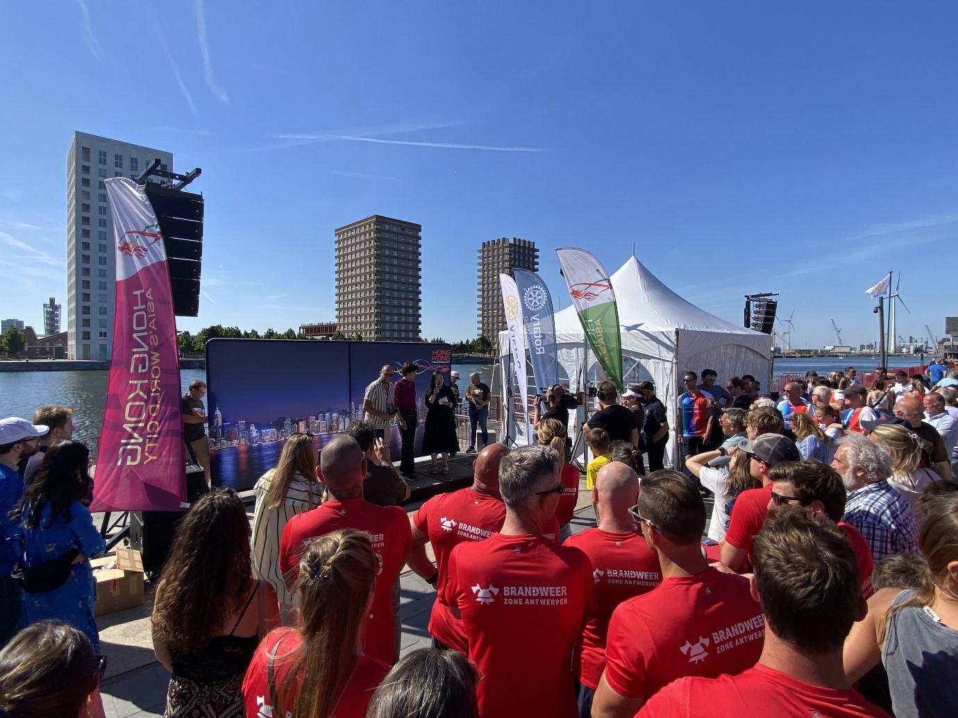 Deputy Representative of the Hong Kong Economic and Trade Office, Brussels, Ms Grace Li, addressed the audience at the prize award ceremony of the Hong Kong Dragon Boat Festival in Antwerp, Belgium on May 10 (Antwerp time).