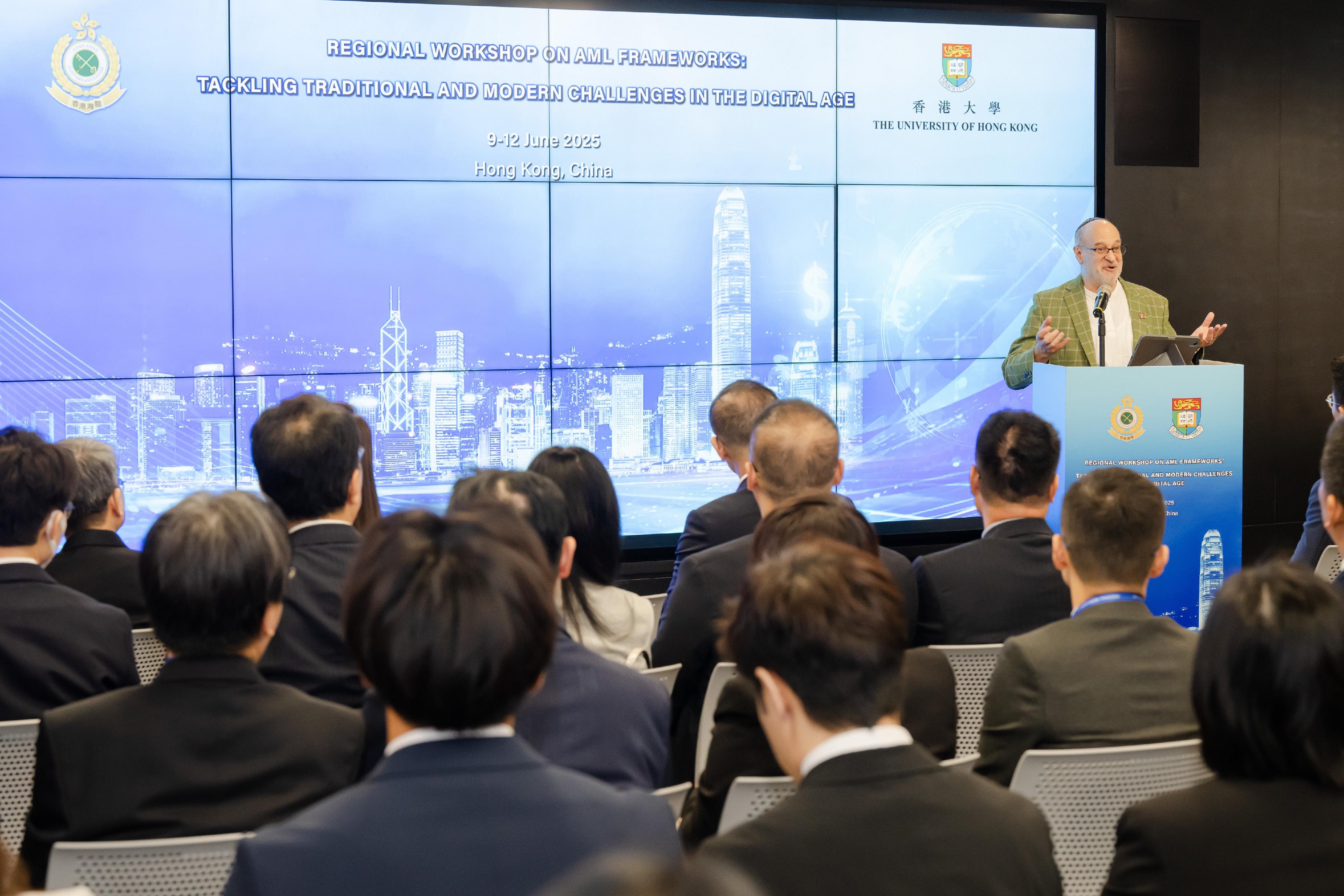 The regional anti-money laundering workshop co-organised by Hong Kong Customs and the University of Hong Kong (HKU) concluded today (June 12).  Photo shows the Dean of Engineering of HKU, Professor David Srolovitz, delivering his concluding remarks at the closing ceremony.