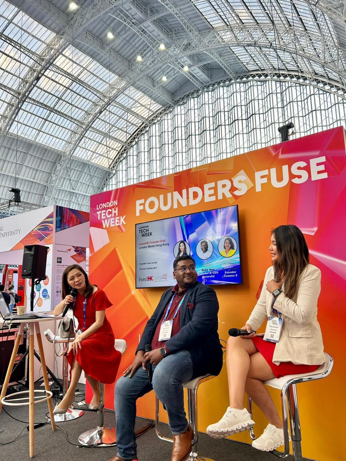 As the official Founders Fuse Partners at London Tech Week, Invest Hong Kong (InvestHK) and the Hong Kong Economic and Trade Office, London hosted a series of fireside chats at London Tech Week, being held June 9 to 13 (London time). Moderated by the Head of Business and Talent Attraction/Investment Promotion at the InvestHK London Office, Ms Daisy Ip (left), the Founder of Comms8, Ms Carol Chan (right), and the Founder and Chief Executive Officer of Assureful, Mr Rohit Nair (centre), shared how they have successfully entered the Hong Kong market with support from InvestHK.