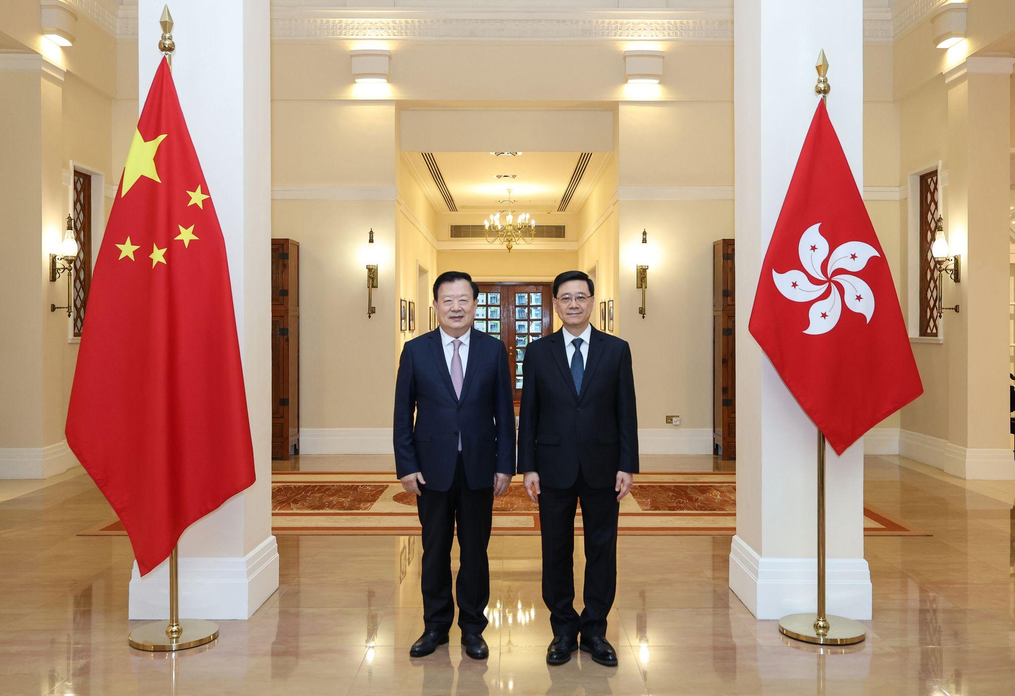 The Director of the Hong Kong and Macao Work Office of the Communist Party of China Central Committee and the Hong Kong and Macao Affairs Office of the State Council, Mr Xia Baolong (left), today (June 18) met with the Chief Executive, Mr John Lee (right) at Government House.
