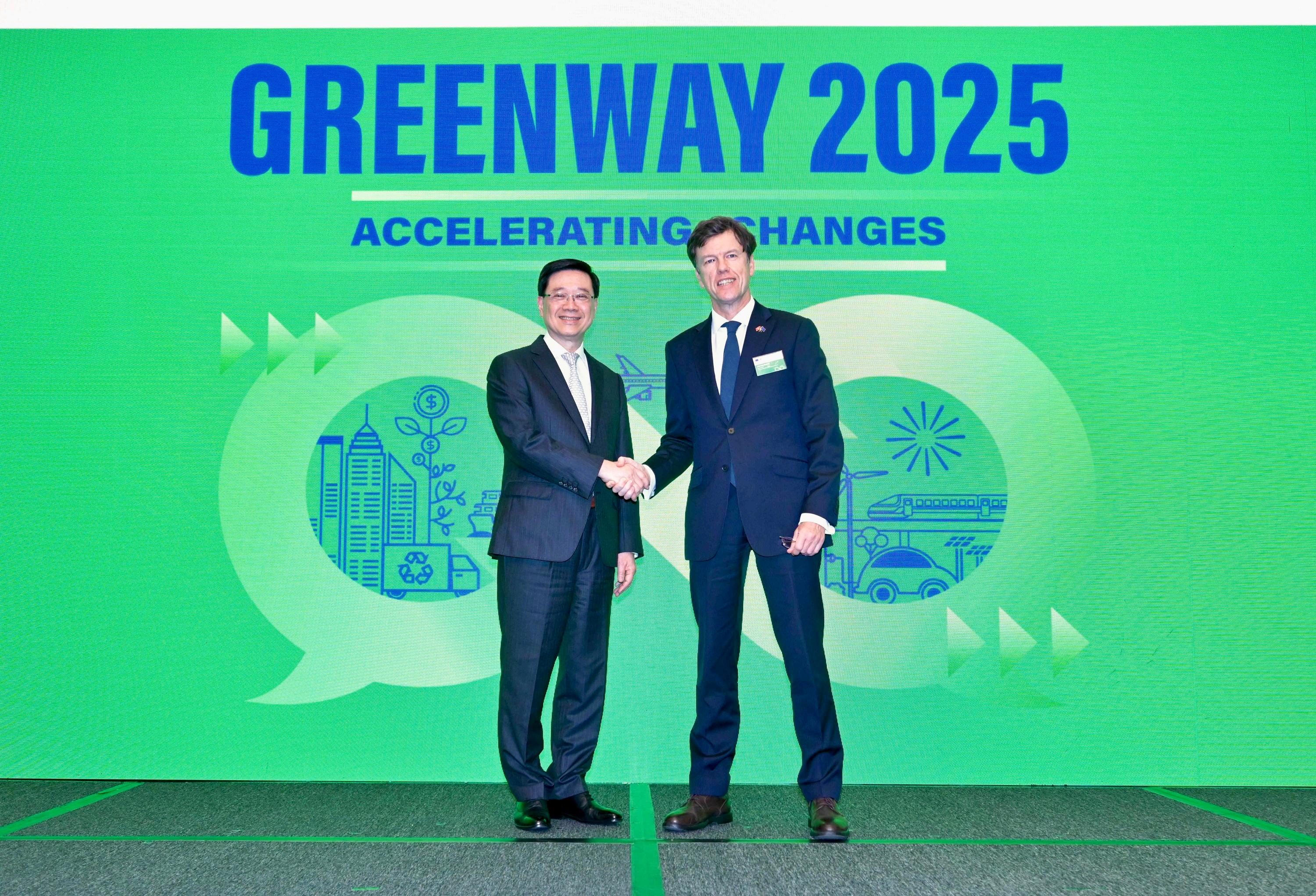 The Chief Executive, Mr John Lee, attended Greenway 2025 - Accelerating Changes today (June 23). Photo shows Mr Lee (left) and the Head of Office of the European Union to Hong Kong, Mr Harvey Rouse (right), at the event.