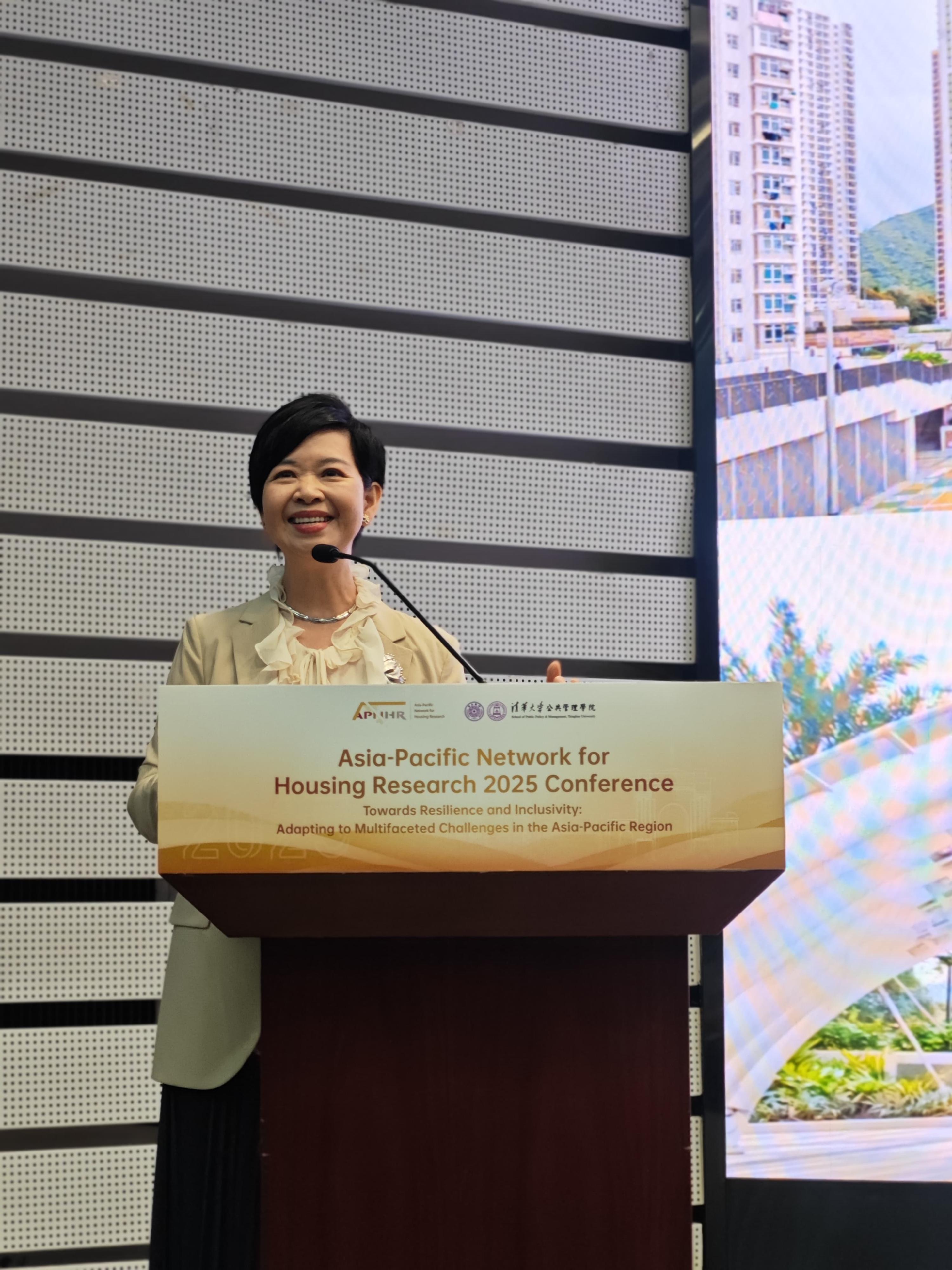 The Secretary for Housing, Ms Winnie Ho, speaks at the Asia-Pacific Network for Housing Research Conference 2025 at Tsinghua University in Beijing today (June 26).