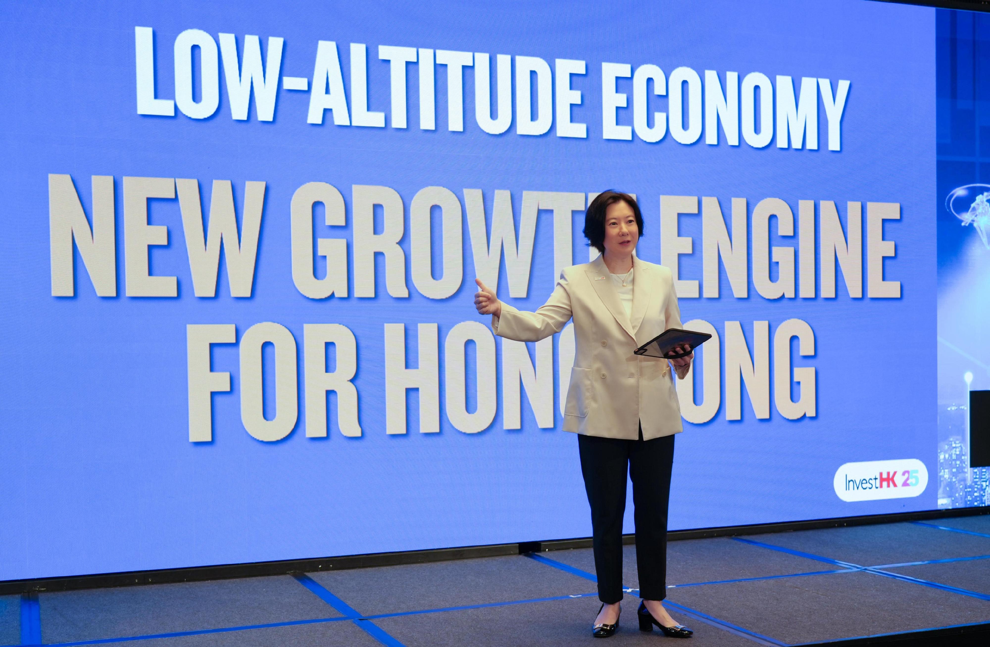 Invest Hong Kong (InvestHK) today (June 27) hosted the inaugural Hong Kong Low Altitude Economy Forum themed "Dream to the Sky". Photo shows the Director-General of Investment Promotion at InvestHK, Ms Alpha Lau, delivering the opening remarks, highlighting that Hong Kong's research capabilities, regulatory framework and global connectivity make it an ideal platform for advancing low-altitude economy applications. She said that Hong Kong has the potential to lead the development of Asia's low-altitude innovation ecosystem.