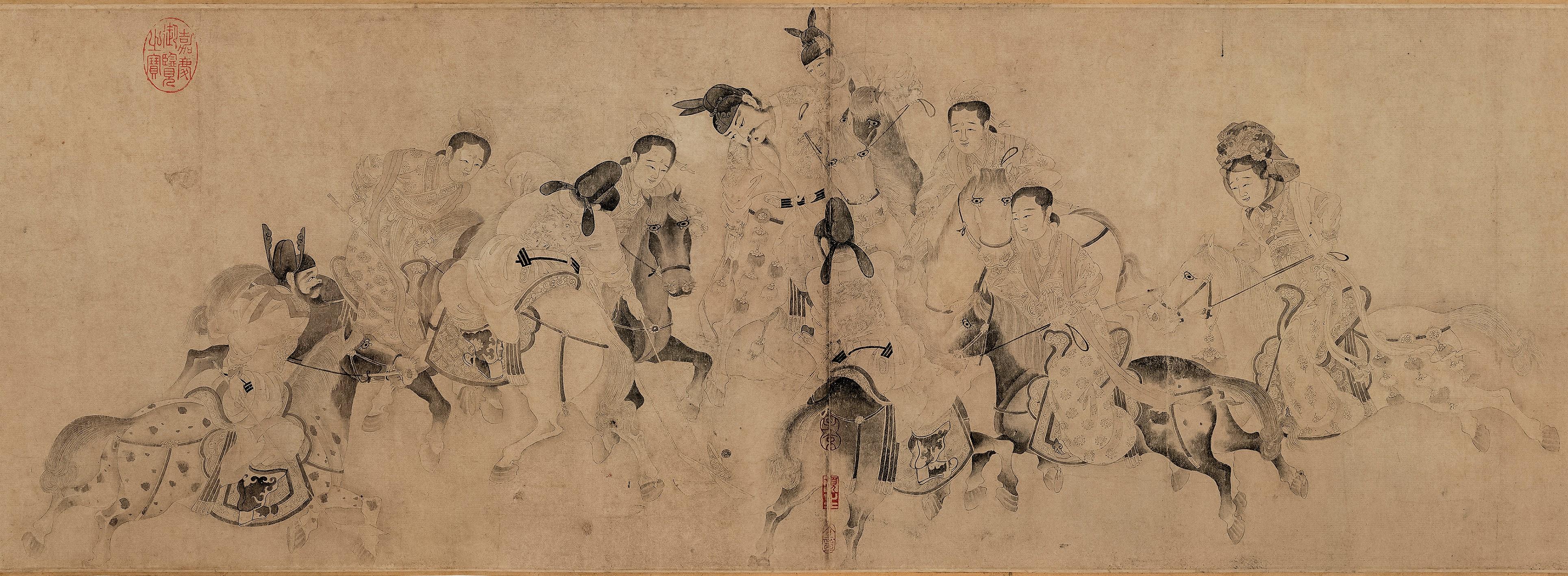 The opening ceremony of the exhibition entitled "Tang Vogue Beyond the Horizons: A Golden Era of Multicultural Integration and Openness" was held today (June 27) at the Hong Kong Heritage Discovery Centre. Photo shows the "Scroll depicting Emperor Minghuang playing polo", a Song dynasty depiction of Emperor Xuanzong of Tang (Minghuang) playing polo with his concubines on horseback.
