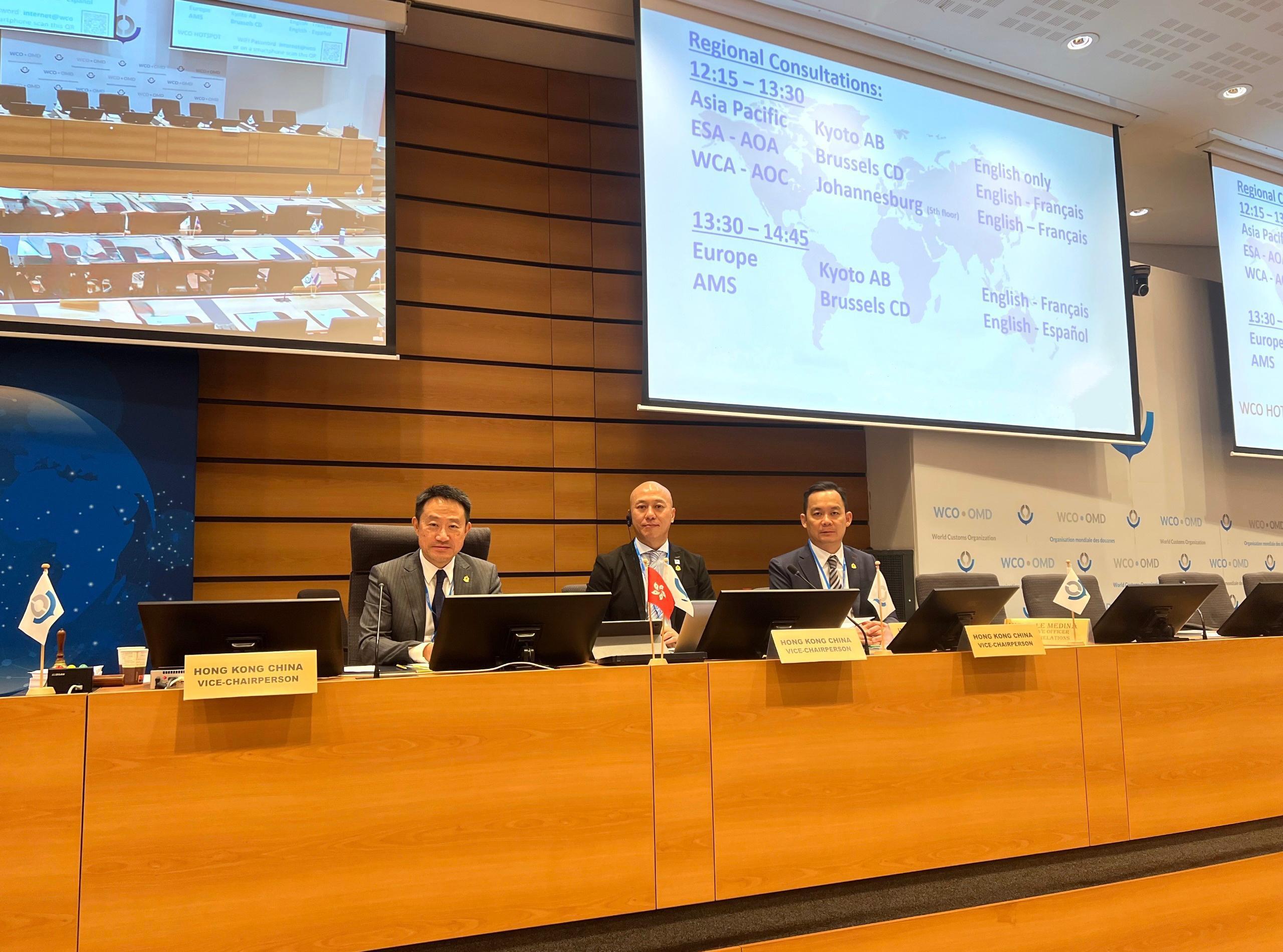 The Commissioner of Customs and Excise, Mr Chan Tsz-tat, from June 23 to 28, led a delegation to attend the 92nd Session of the Policy Commission and the 145th/146th Customs Co-operation Council (CCC) Sessions of the World Customs Organization (WCO) in Brussels, Belgium. Photo shows Mr Chan (first left), presiding over the regional consultations of the A/P region during the 145th/146th CCC Sessions of the WCO.
