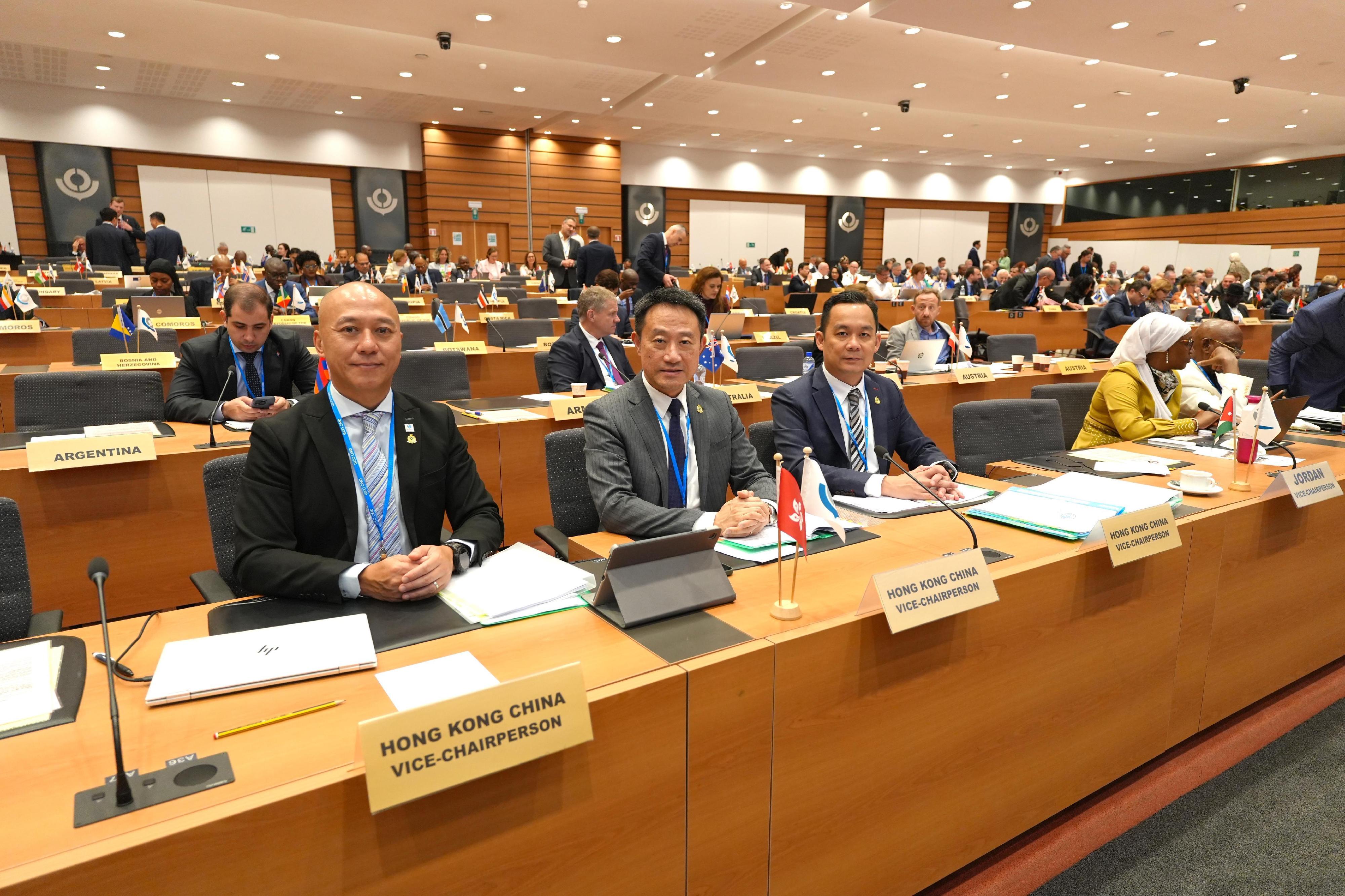 The Commissioner of Customs and Excise, Mr Chan Tsz-tat, from June 23 to 28, led a delegation to attend the 92nd Session of the Policy Commission and the 145th/146th Customs Co-operation Council (CCC) Sessions of the World Customs Organization (WCO) in Brussels, Belgium.  Photo shows Mr Chan (centre), 
Assistant Commissioner (World Customs Organization) of Customs and Excise, Mr Li Kin-kei (left) and Staff Officer (Customs Affairs and Co-operation) Mr Au Kin-wai (right) attending the 145th/146th CCC Sessions of the WCO.
