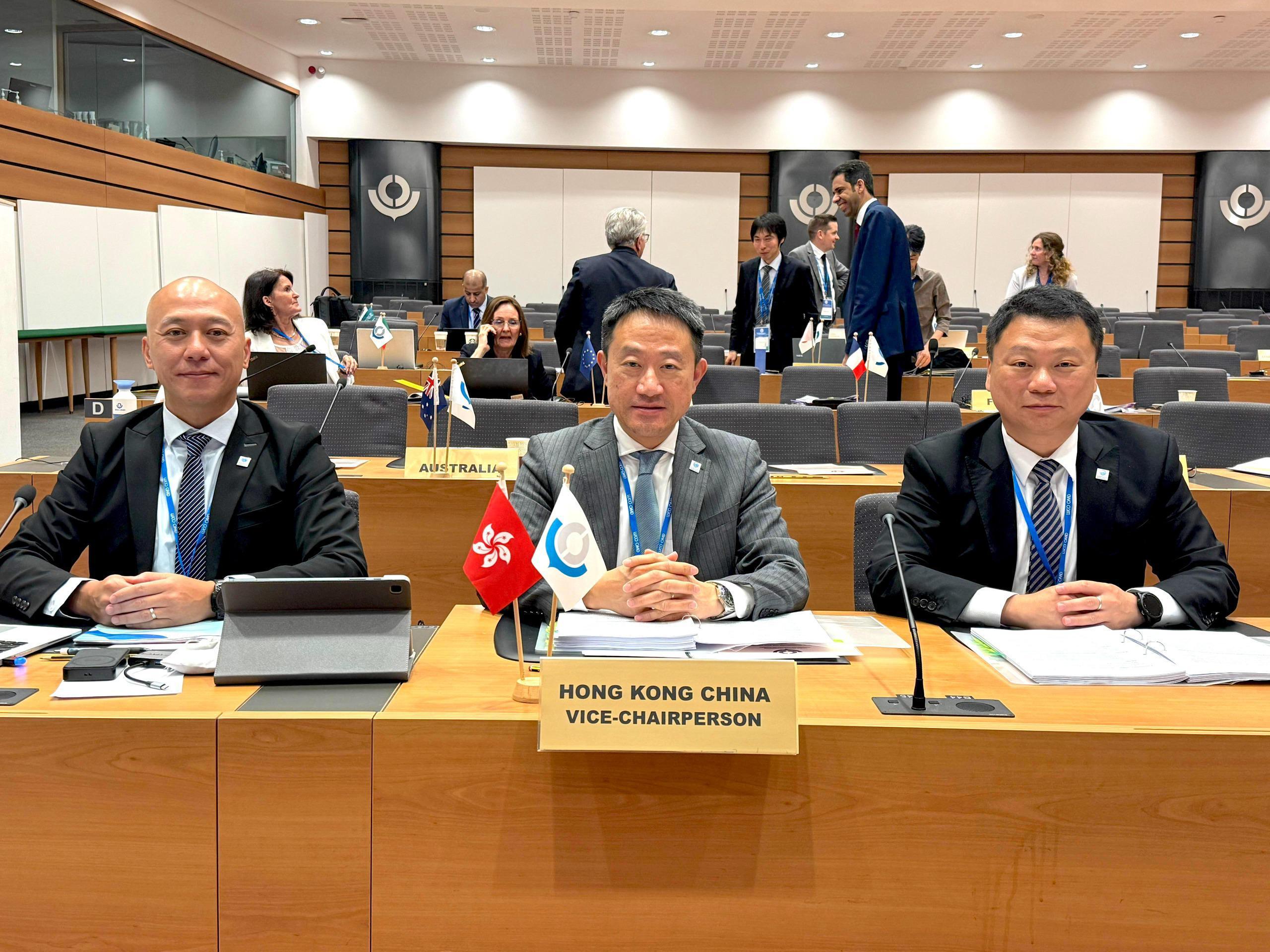 The Commissioner of Customs and Excise, Mr Chan Tsz-tat, from June 23 to 28, led a delegation to attend the 92nd Session of the Policy Commission and the 145th/146th Customs Co-operation Council Sessions of the World Customs Organization (WCO) in Brussels, Belgium. Photo shows Mr Chan (centre) and 
the Assistant Commissioner (World Customs Organization) of Customs and Excise, Mr Li Kin-kei (left) attending the 92nd Session of the Policy Commission.

