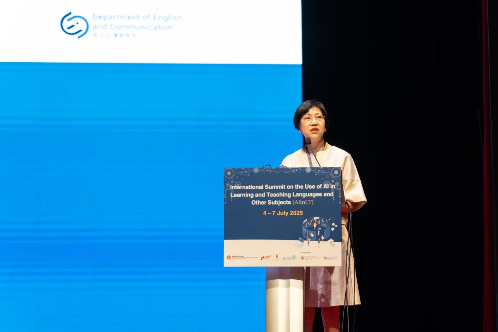 The International Summit on the Use of AI in Learning and Teaching Languages and Other Subjects, a flagship event of the first Digital Education Week co-organised by the Education Bureau, the Standing Committee on Language Education and Research (SCOLAR), the Hong Kong Polytechnic University and the Hong Kong Education City, was officially launched today (July 4). Photo shows the Chairperson of SCOLAR, Dr Anissa Chan, speaking at the opening ceremony.