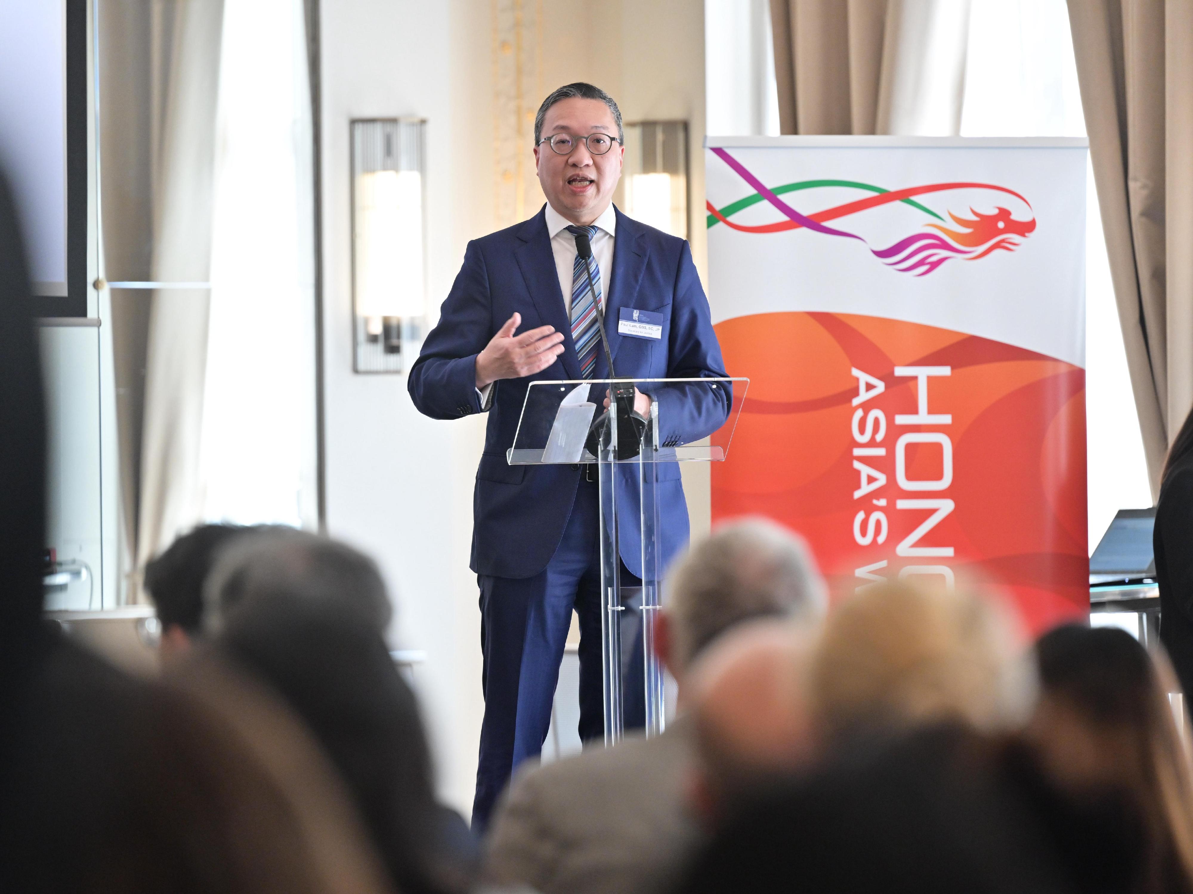The Secretary for Justice, Mr Paul Lam, SC, attended the Paris Seminar entitled "Hong Kong Legal Services – Gateway to China and Beyond" organised by the Department of Justice in Paris on July 9 (Paris time). Photo shows Mr Lam delivering his keynote speech in the seminar.
