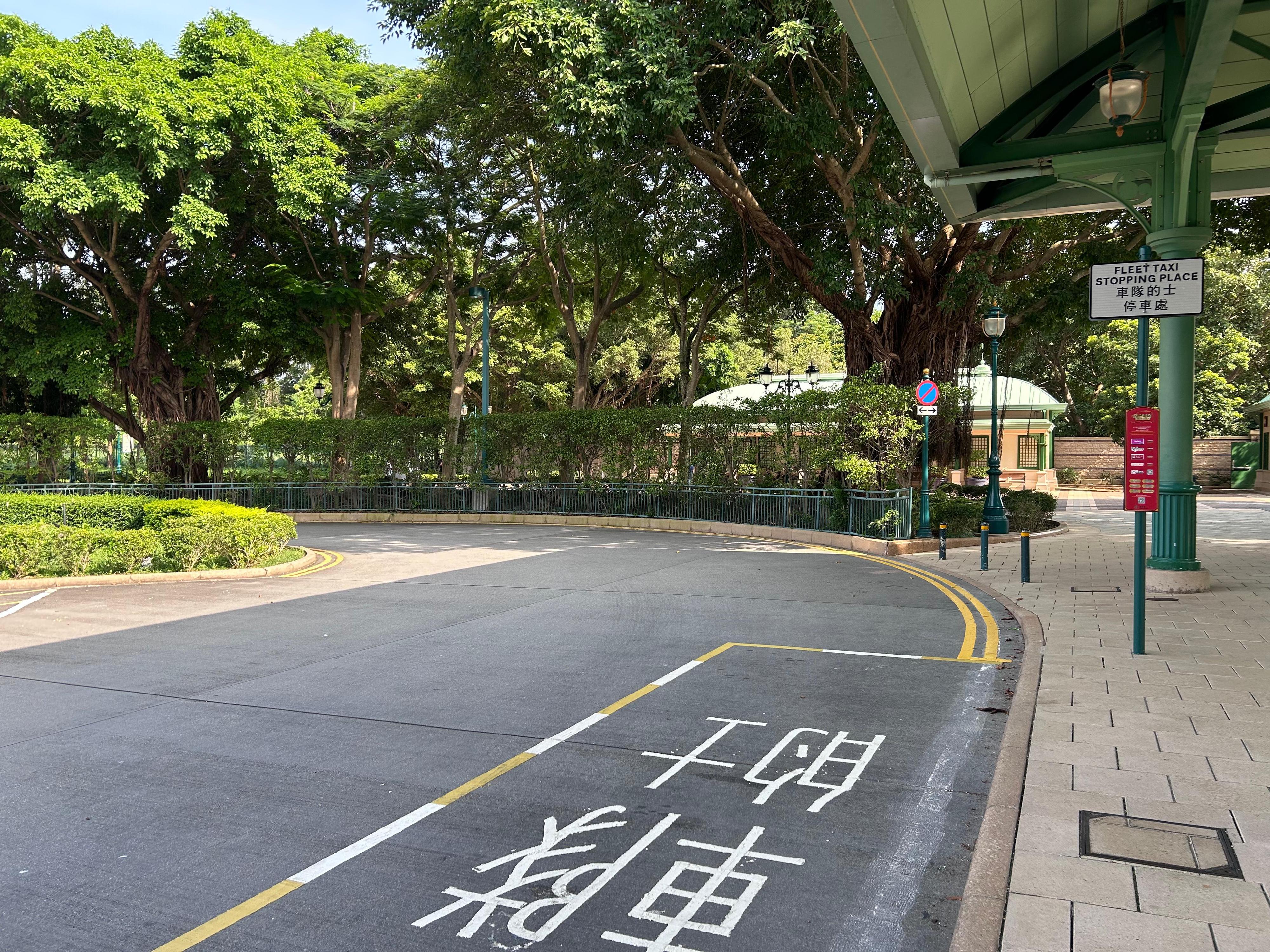 運輸署今日（七月二十八日）公布，已根據《道路交通（公共服務車輛）規例》（第374D章）第12E（1）條，向四支的士車隊發出正式的士車隊牌照，為期五年。四支車隊由今日起正式投入服務。圖示設於迪士尼樂園幻想道公共運輸交匯處的車隊的士停車處。