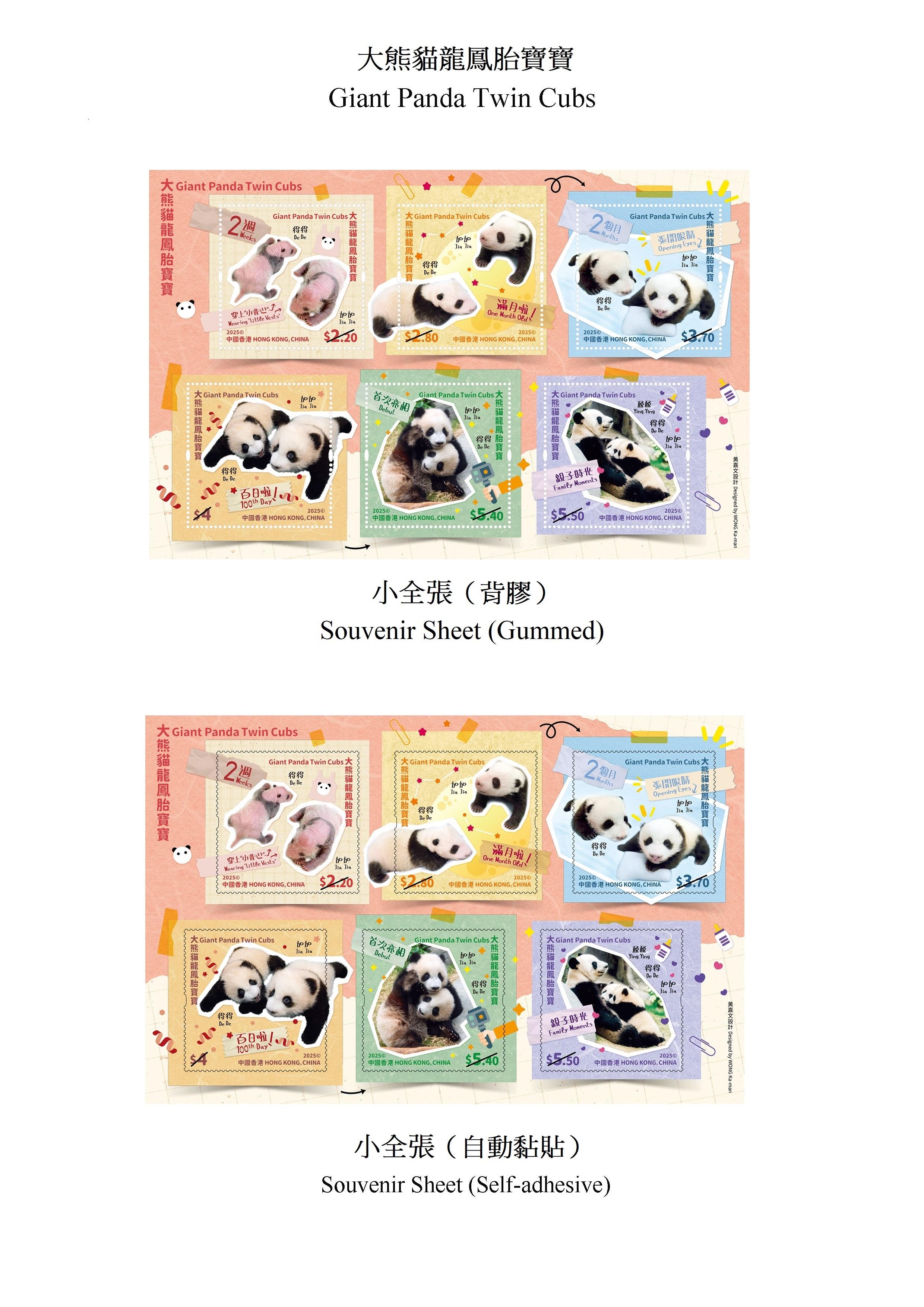 Hongkong Post will launch a special stamp issue and associated philatelic products on the theme of "Giant Panda Twin Cubs" on August 15 (Friday).  Photos show the souvenir sheets.