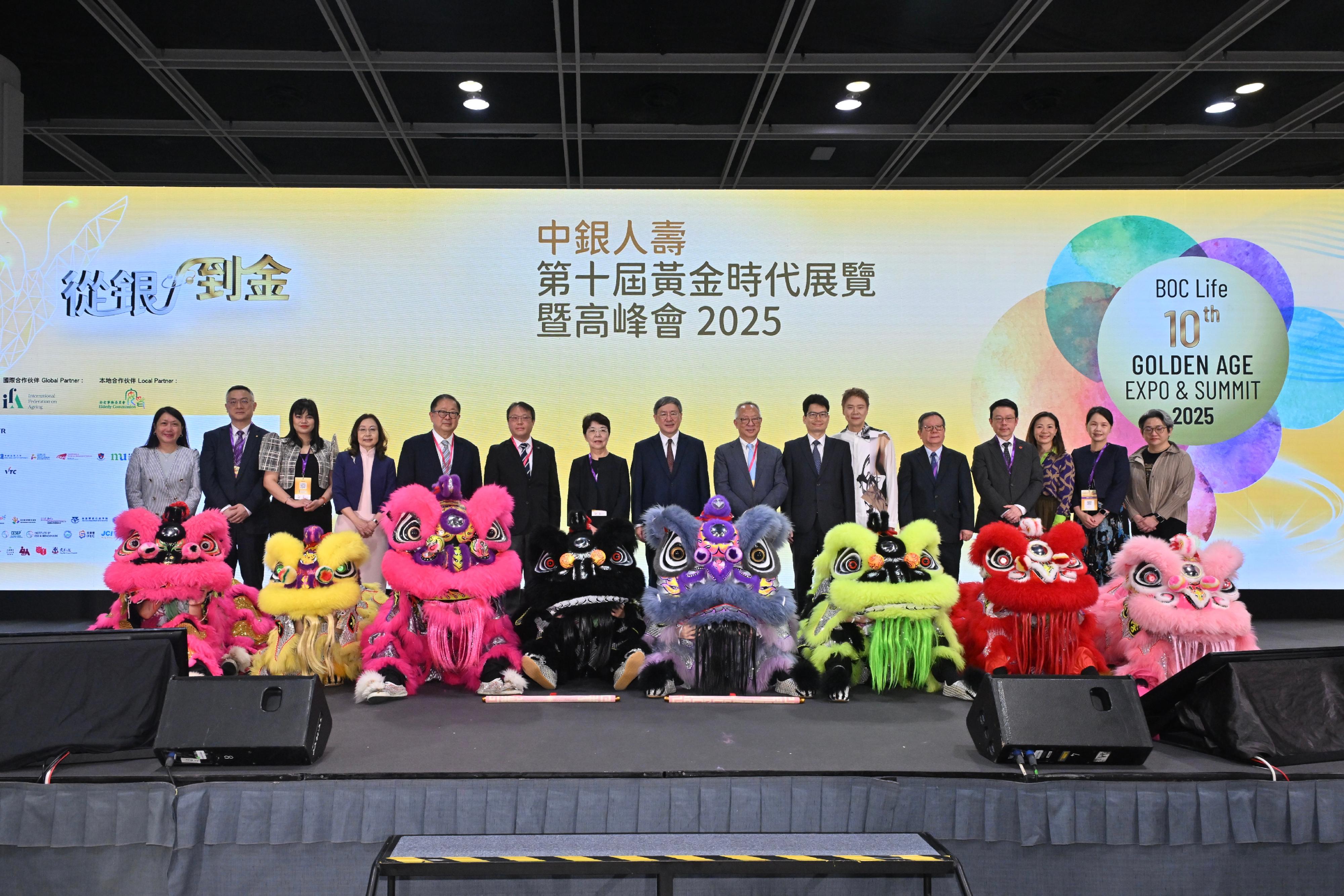 The Deputy Chief Secretary for Administration, Mr Cheuk Wing-hing, attended the BOC Life 10th Golden Age Expo and Summit 2025 Grand Opening today (July 31). Photo shows (from fourth left), the Founding Chair of the Golden Age Foundation, Professor Rebecca Choy Yung; the Chairman of the Elderly Commission, Dr Donald Li; the Chief Executive Officer of the BOC Group Life Assurance Company Limited, Mr Wilson Tang; the Deputy Mayor of Fukuoka City of Japan, Dr Arase Yasuko; Mr Cheuk; the Honorary President Golden Age Foundation, Dr Roy Chung; the Under Secretary for Financial Services and the Treasury, Mr Joseph Chan; the Golden Age Ambassador, Mr Stephen Chan, and other guests at the ceremony.