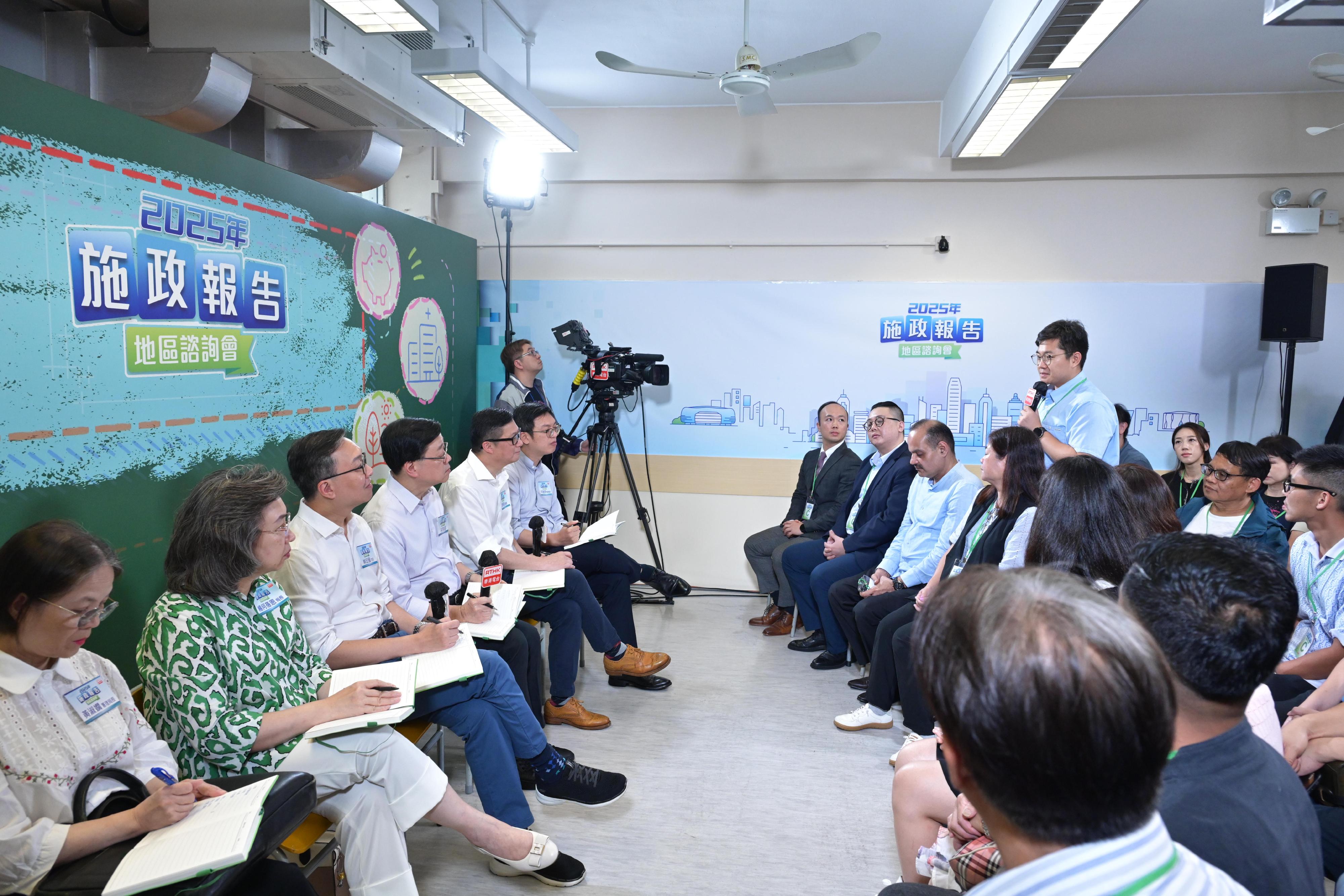 The Chief Executive, Mr John Lee, attended the second 2025 Policy Address District Forum with some Principal Officials this morning (August 3) to listen to views and suggestions from local community members on the upcoming Policy Address. Photo shows (from left) the Acting Secretary for Environment and Ecology, Miss Diane Wong; the Secretary for the Civil Service, Mrs Ingrid Yeung; the Secretary for Justice, Mr Paul Lam, SC; Mr Lee; the Secretary for Security, Mr Tang Ping-keung, and the Acting Secretary for Labour and Welfare, Mr Ho Kai-ming, listening to views from the public at the consultation session.