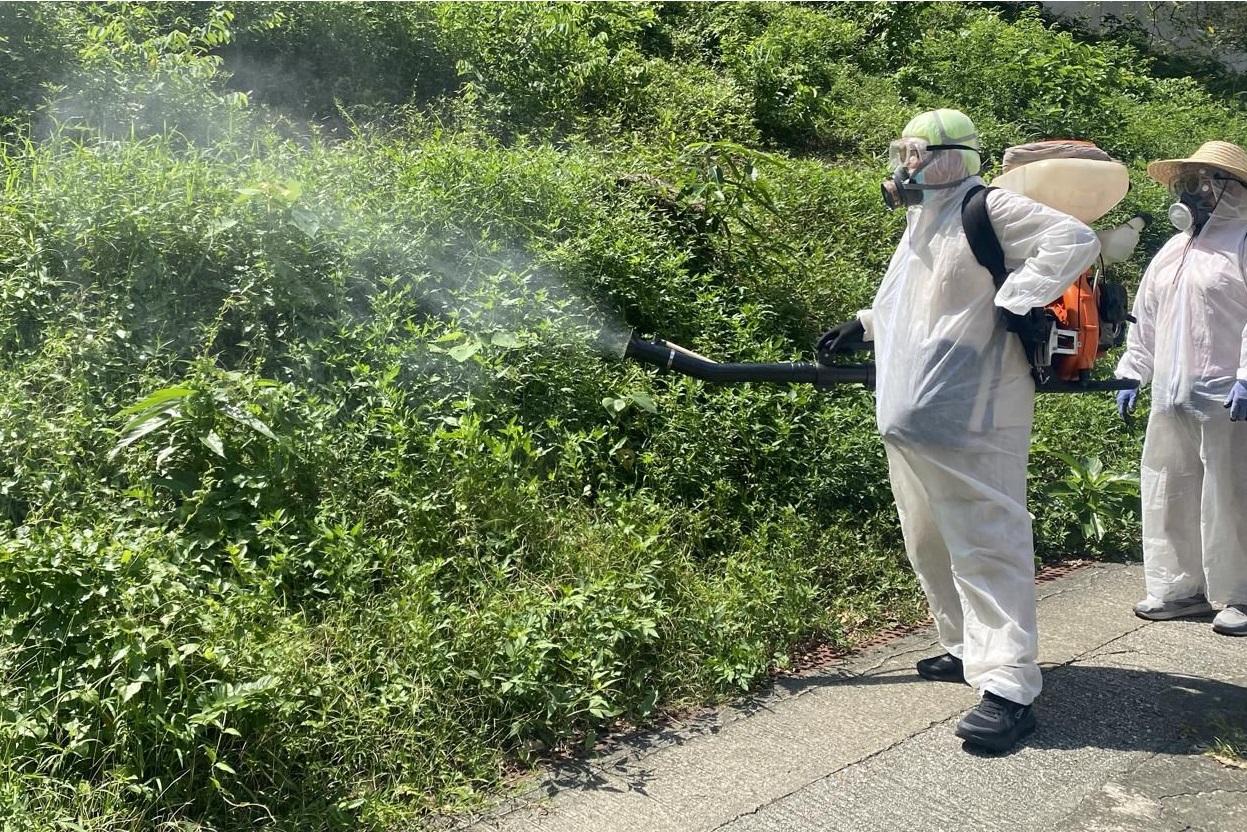 A spokesman for the Food and Environmental Hygiene Department (FEHD) said today (August 13) that, as the imported cases of chikungunya fever recently announced involve patients residing in Kwai Tsing District, the FEHD continues to collaborate with relevant departments and stakeholders and conduct mosquito control and elimination work in the area near the patients' residences to reduce the risk of disease transmission. Photo shows staff members of the FEHD's contractor conducting fogging operations earlier in the district to eradicate adult mosquitoes.
