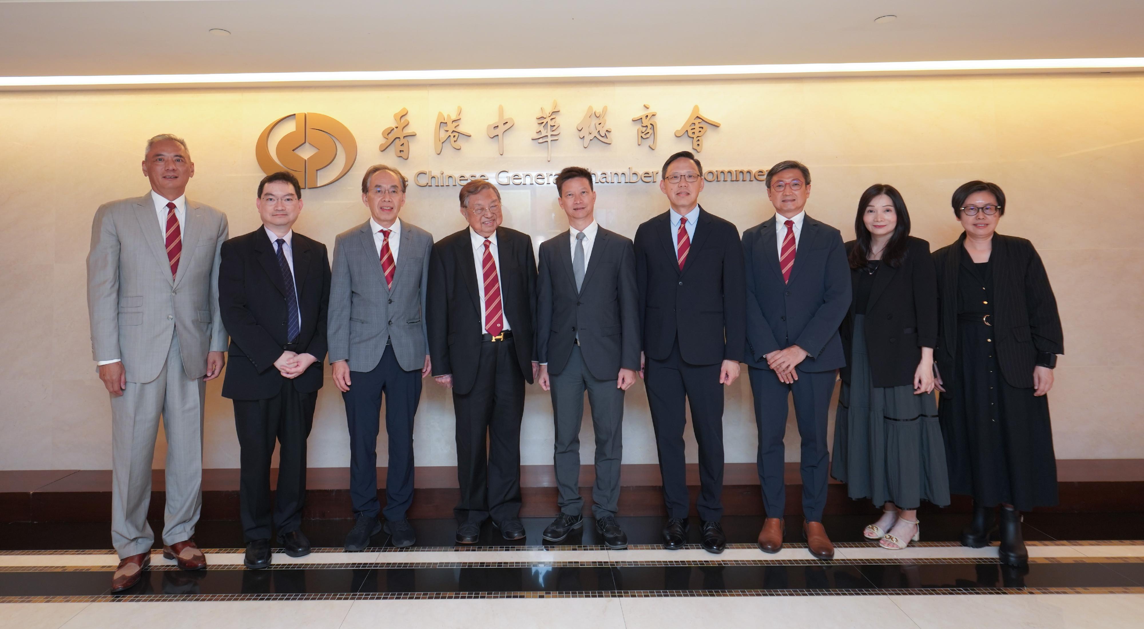 The Commissioner for Labour, Mr Sam Hui, has visited labour organisations and employer associations in the past month to strengthen communication and engagement with employees and employers. Photo shows Mr Hui (centre) visiting the Chinese General Chamber of Commerce.