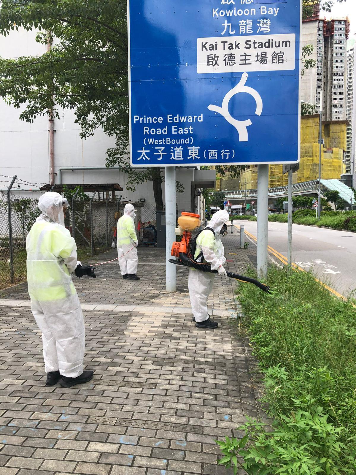 食物環境衞生署（食環署）今日（八月二十日）在九龍城啟德北和荃灣馬灣進行防蚊滅蚊工作。圖示食環署承辦商人員在啟德北以霧化處理方式殺滅成蚊。