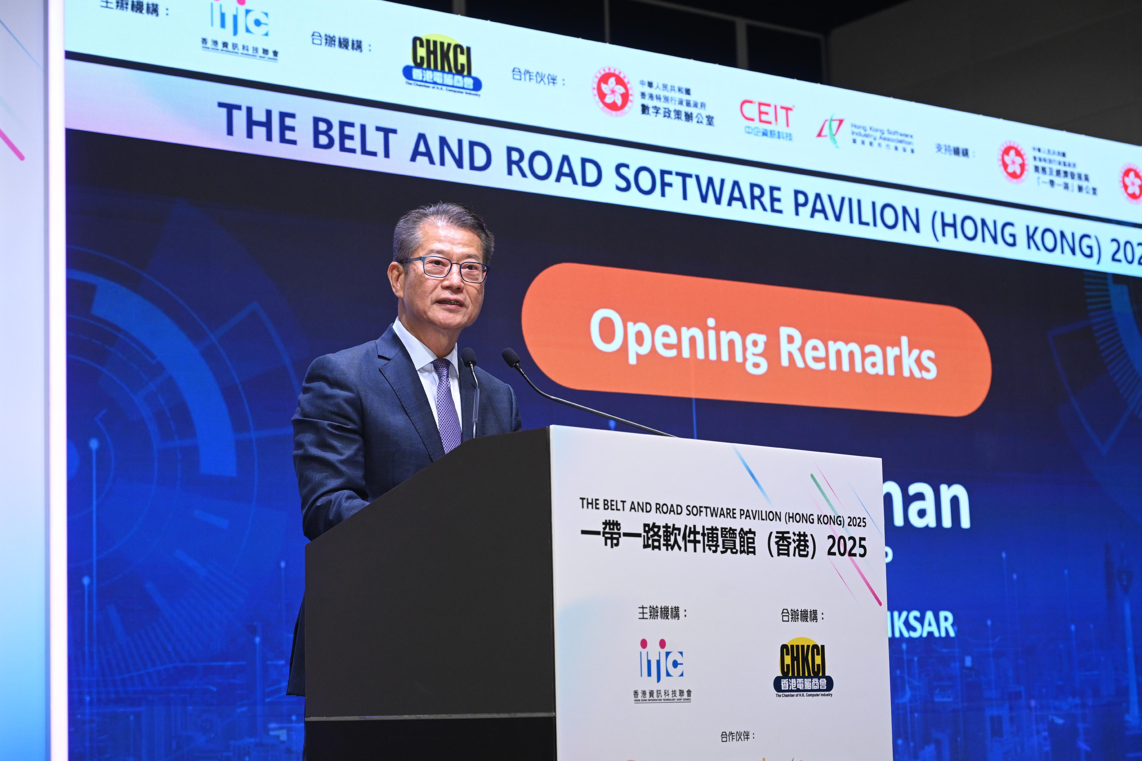 The Financial Secretary, Mr Paul Chan, speaks at the Opening Ceremony of the Belt and Road Software Pavilion (Hong Kong) 2025 today (August 21).