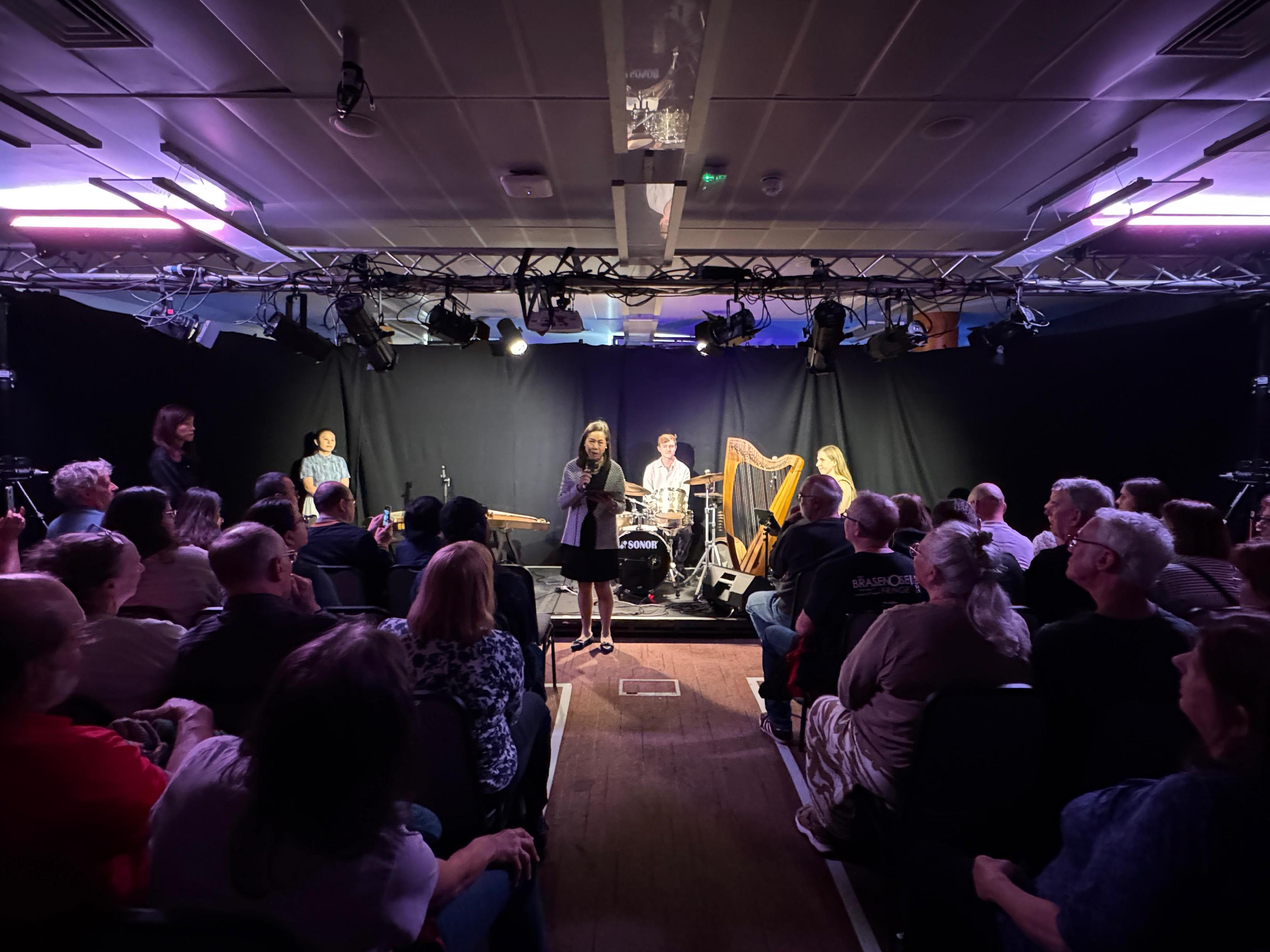 The Hong Kong Economic and Trade Office, London (London ETO) supported three Hong Kong performance programmes at the Edinburgh Festival Fringe 2025 (the Festival), highlighting the city's vibrant arts scene. Photo shows the Director-General of the London ETO, Miss Fiona Chau, addressing the audience before the performance of Waves of Tradition: A New Horizon in Scottish-Chinese Music staged on August 20 (Edinburgh time). 
