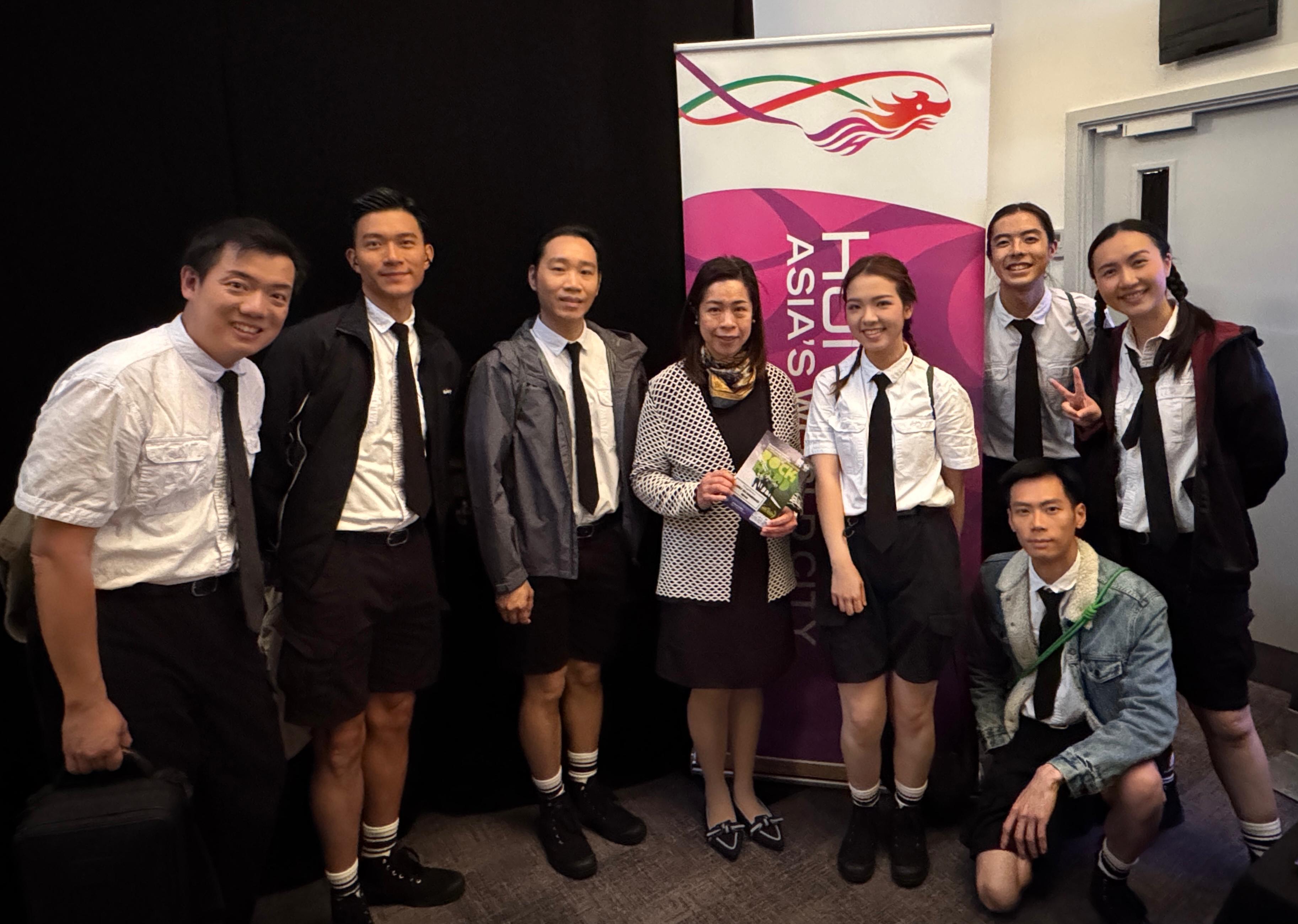 The Hong Kong Economic and Trade Office, London (London ETO) supported three Hong Kong performance programmes at the Edinburgh Festival Fringe 2025 (the Festival), highlighting the city's vibrant arts scene. Photo shows the Director-General of the London ETO, Miss Fiona Chau (fourth left) and the artists of Rock Hard after the performance. 