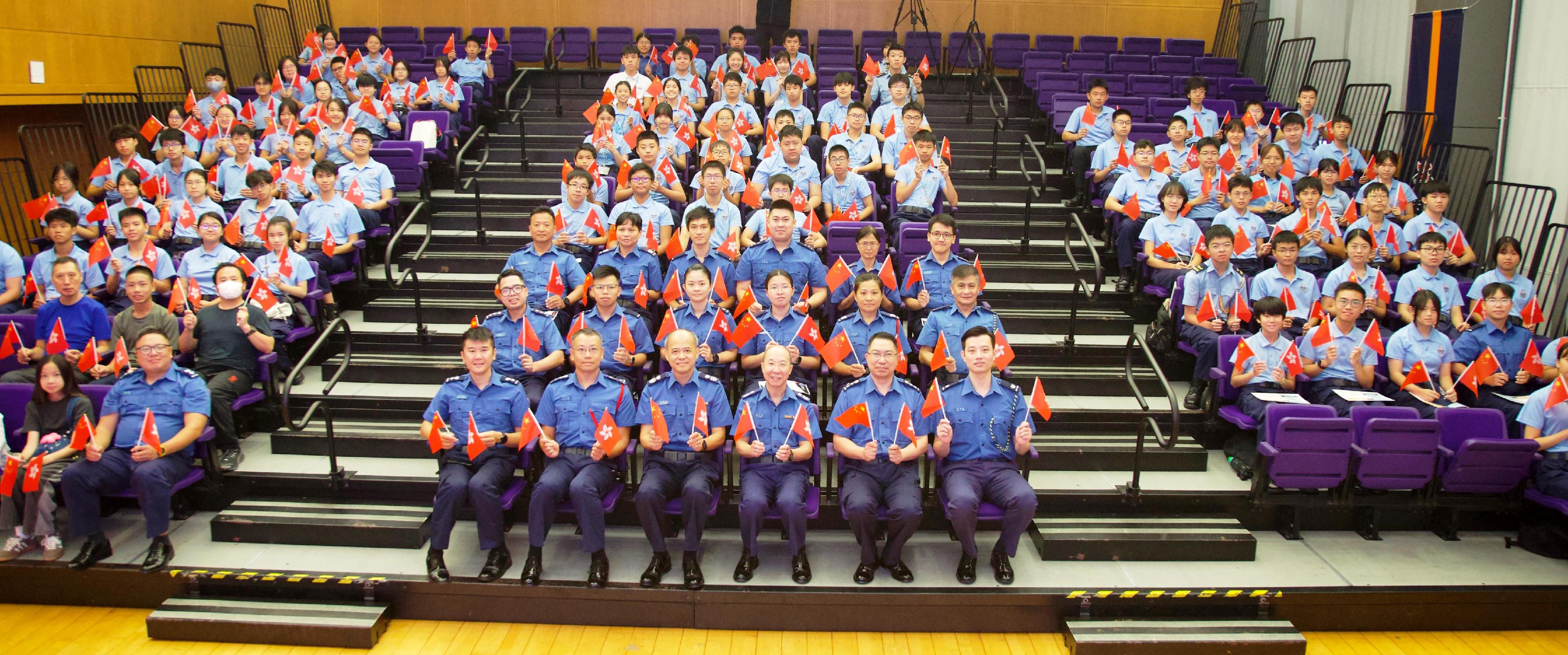 The Civil Aid Service (CAS) Cadet Corps held the Commemorating the 80th Anniversary of Victory in War of Resistance and Patriotic Education Exchange Programme Sharing Session 2025 today (August 23). Photo shows the guests with the CAS members and cadets.
