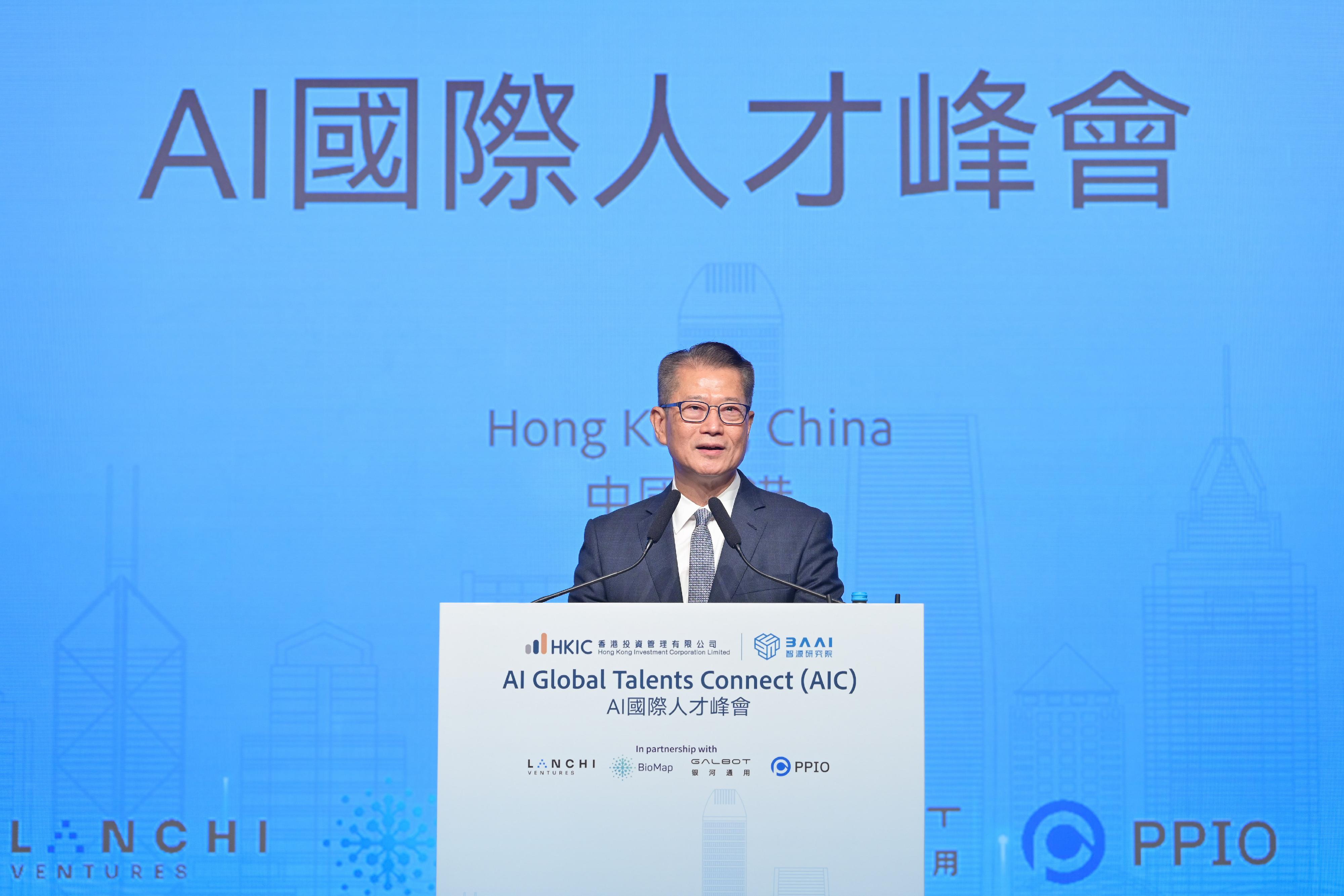 The Financial Secretary, Mr Paul Chan, speaks at the AI Global Talents Connect today (August 26).
