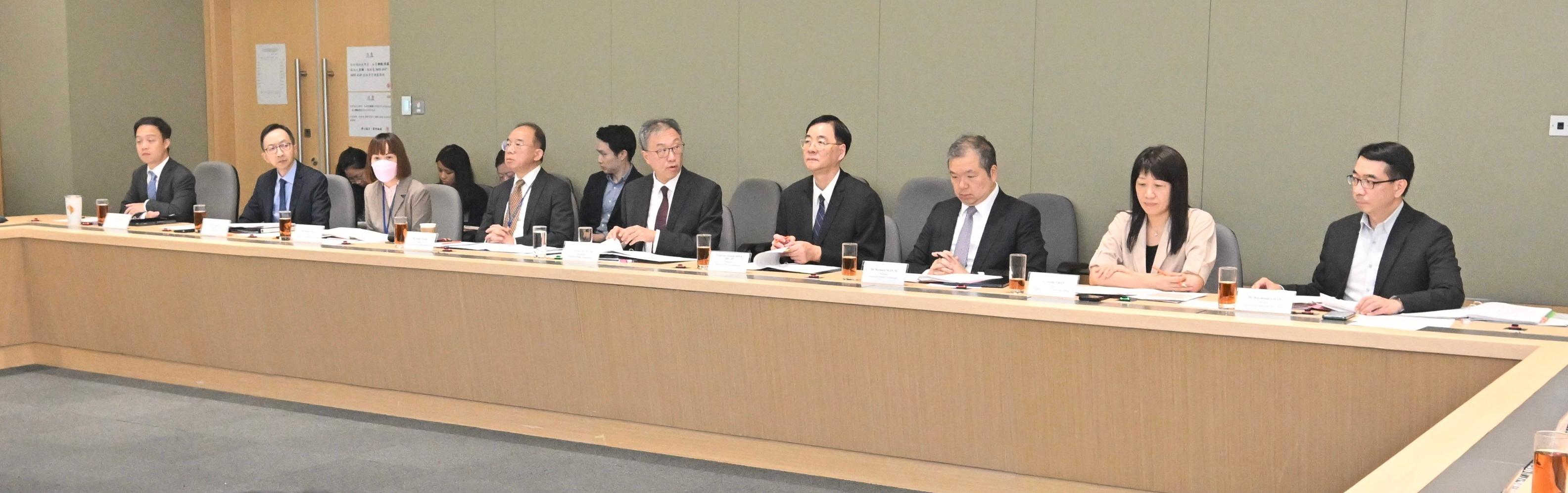 The Chairman of the Electoral Affairs Commission (EAC), Mr Justice David Lok, chaired the first meeting of the Crisis Management Committee this afternoon (August 26) to deal with different circumstances that may arise during the 2025 Election Committee Subsector By-elections, as well as to ensure the smooth conduct of the polling day. Photo shows (from fourth left) the Secretary for Constitutional and Mainland Affairs, Mr Erick Tsang Kwok-wai; Mr Justice Lok; and EAC members Professor Daniel Shek and Mr Bernard Man, SC, attending the meeting with representatives of relevant bureaux/departments. 