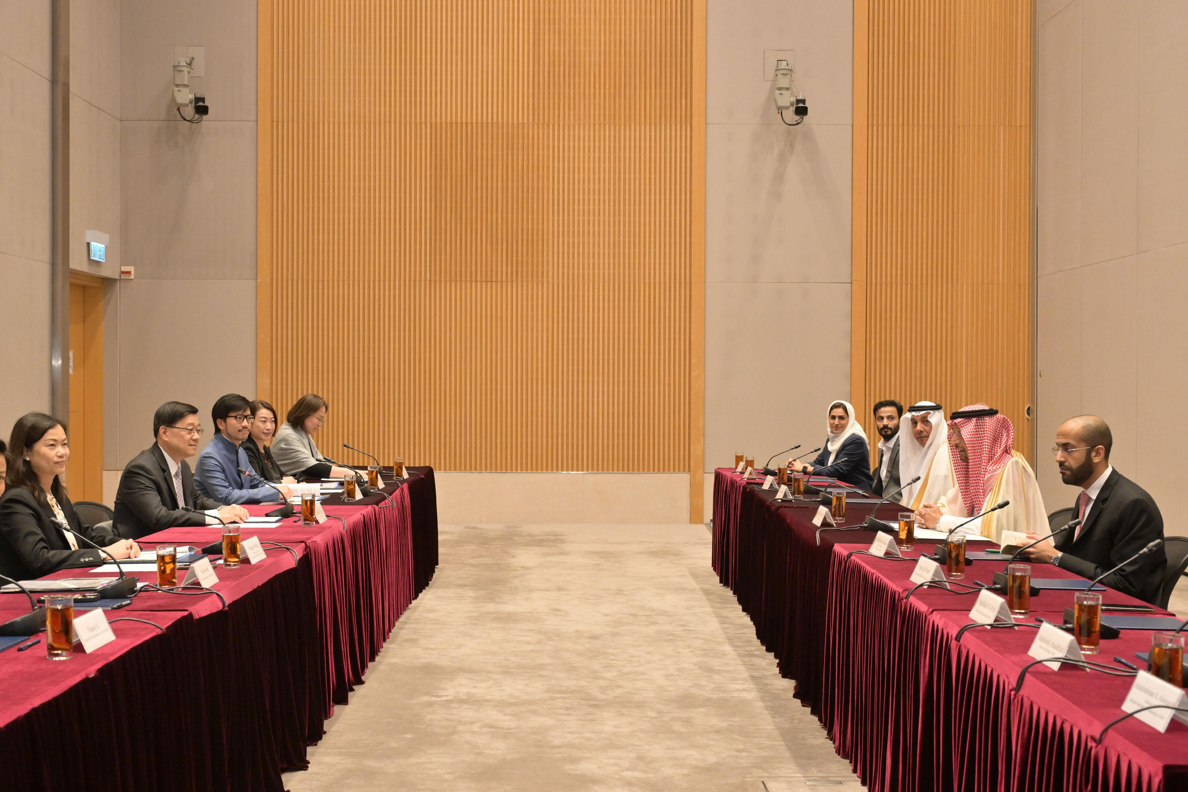 The Belt and Road Office signed a Memorandum of Understanding (MOU) with the Ministry of Investment of Saudi Arabia (MISA) today (August 29) to enhance information exchange in relation to the fields of infrastructure and construction, and for MISA to provide support to related professional services in Hong Kong to access the Saudi Arabian market. Photo shows the Chief Executive, Mr John Lee (second left) at a bilateral meeting with the Minister of Investment of Saudi Arabia, Mr Khalid Al-Falih (second right) after the signing ceremony. The Permanent Secretary for Commerce and Economic Development, Ms Maggie Wong (first left); the Consul General of Saudi Arabia in Hong Kong Mr Mazin Hamad Mohamad Alhimali (third right); and the Commissioner for Belt and Road, Mr Nicholas Ho (third left) also attended.
