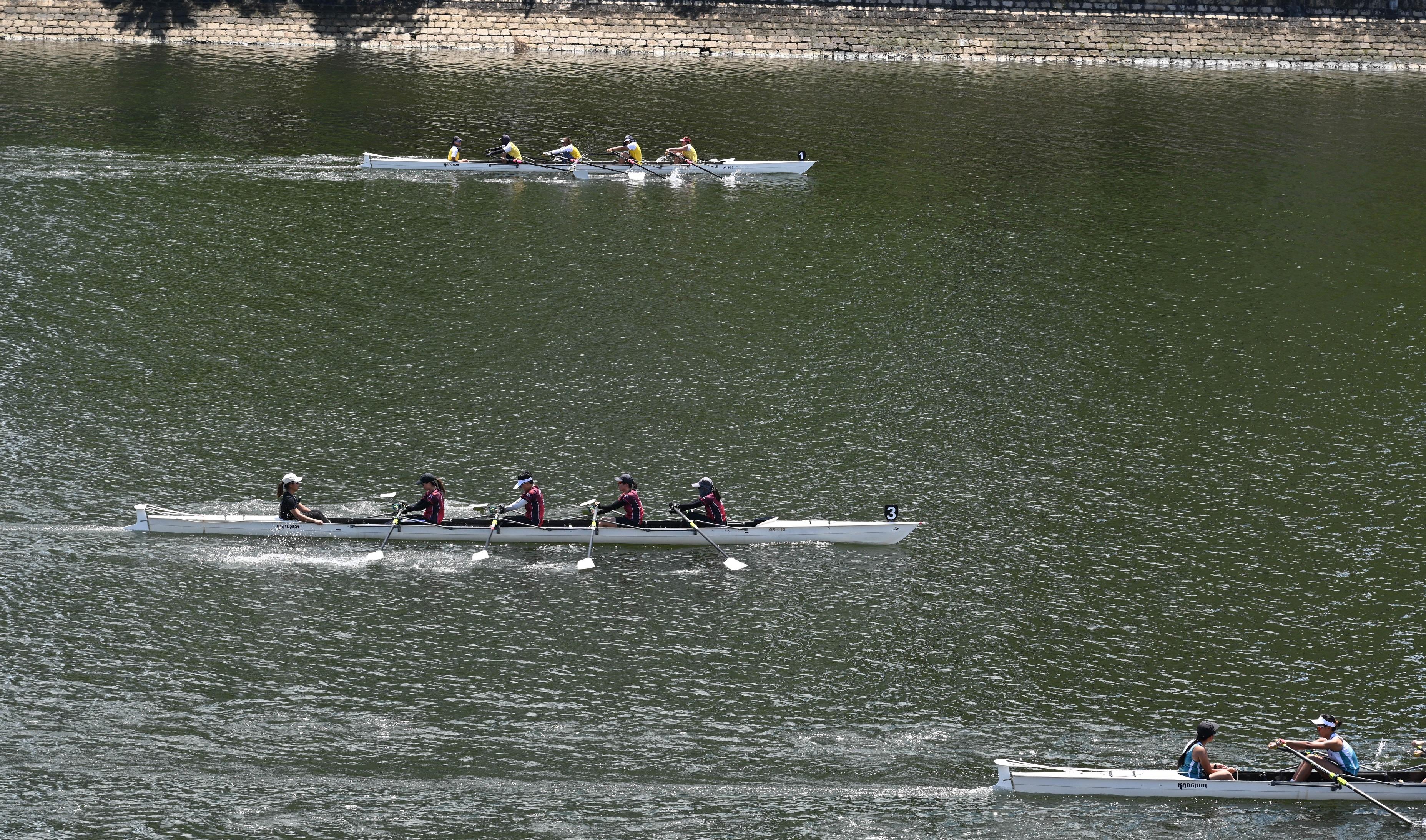 The Water Supplies Department held a rowing competition for the 60th anniversary of Dongjiang water supply to Hong Kong at the Jockey Club Sha Tin Rowing Centre today (September 6). Photo shows rowers participating in the coxed quadruple sculls race.