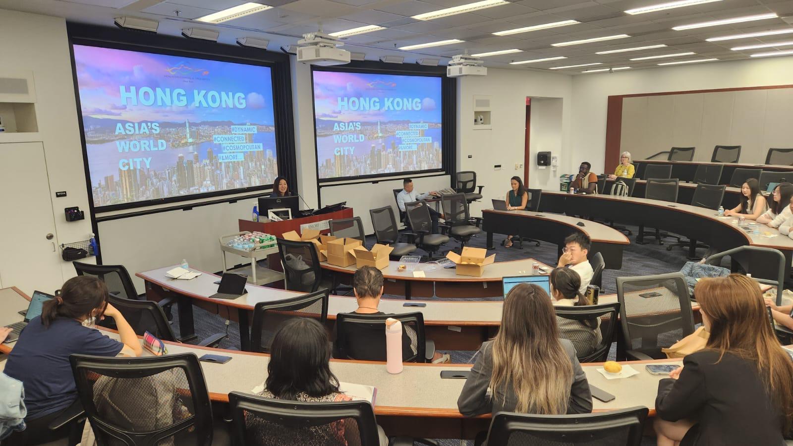 The Hong Kong Economic and Trade Office in New York (New York ETO) concluded the visit to Atlanta, Georgia, from September 4 to 6 (Atlanta time), promoting Hong Kong's latest talent attraction schemes and strengthening ties with academic, business, and community leaders. Photo shows the Director of the New York ETO, Ms Maisie Ho (first left on stage), at the informational session at Emory University on September 4.