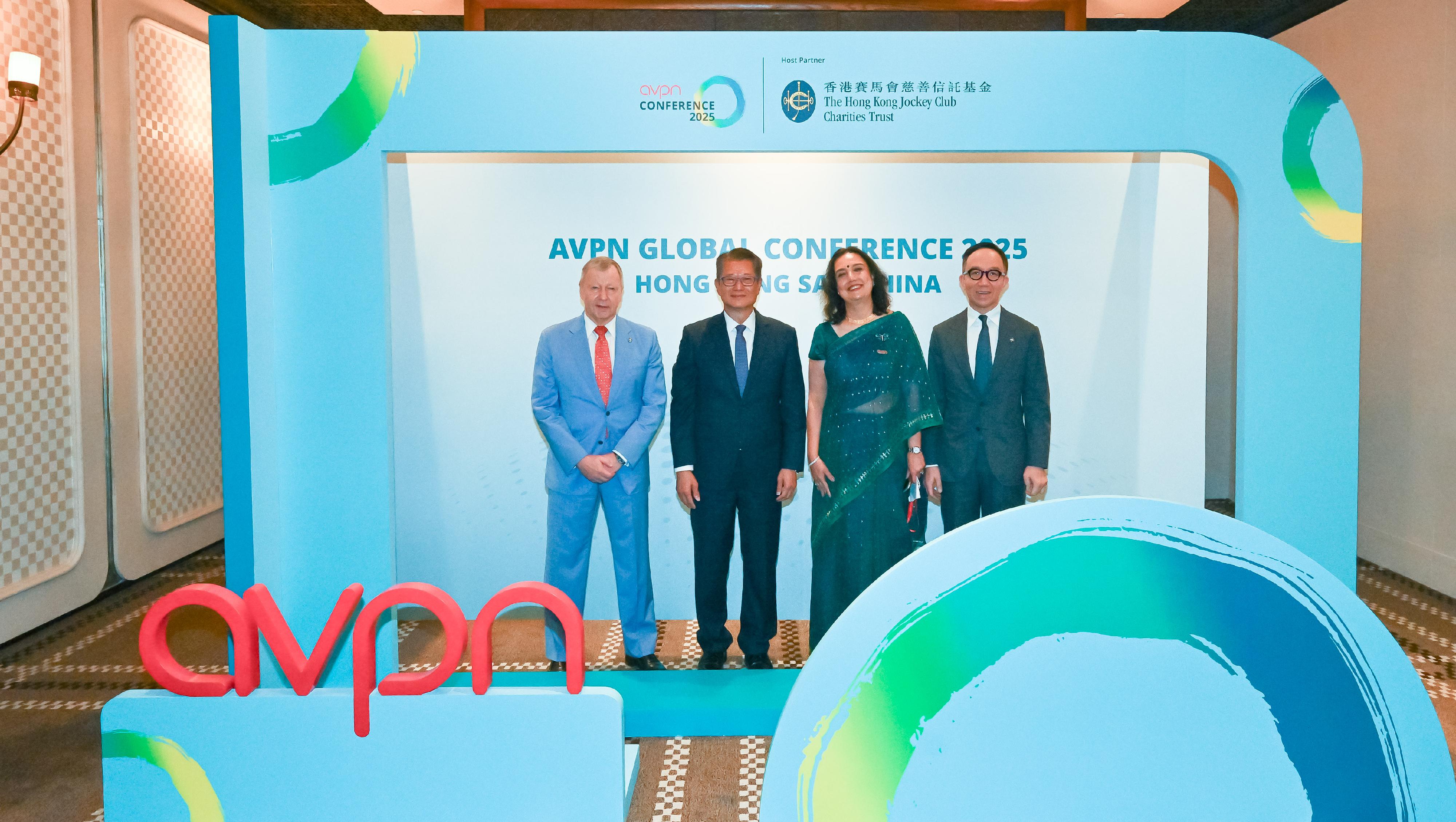 The Financial Secretary, Mr Paul Chan, attended the AVPN Global Conference 2025 today (September 9). Photo shows (from left) the Chief Executive Officer of the Hong Kong Jockey Club, Mr Winfried Engelbrecht-Bresges; Mr Chan; the Chief Executive Officer of AVPN, Ms Naina Batra; and the Executive Director, Charities and Community, the Hong Kong Jockey Club, Dr Gabriel Leung, at the event.