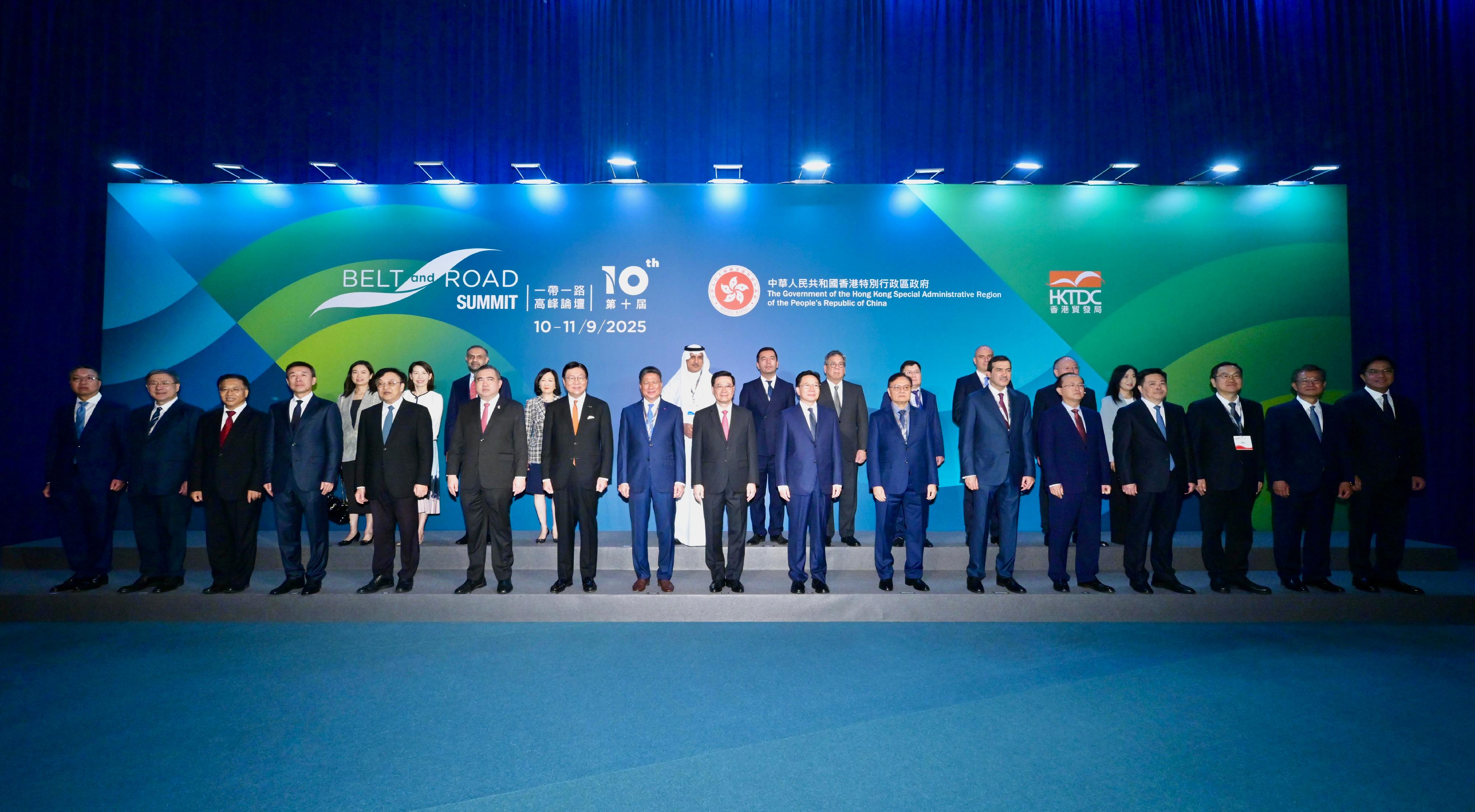 The Chief Executive, Mr John Lee, attended the 10th Belt and Road Summit today (September 10). Photo shows Mr Lee (front row, centre); the Director of the Liaison Office of the Central People's Government in the Hong Kong Special Administrative Region (HKSAR), Mr Zhou Ji (front row, eighth right); the Secretary of the CPC Hainan Provincial Committee, Mr Feng Fei (front row, fifth left); Vice Minister of Commerce Mr Yan Dong (front row, fifth right); Vice Chairman of the State-owned Assets Supervision and Administration Commission of the State Council Mr Li Zhen (front row, fourth left); Deputy Secretary General of the National Development and Reform Commission Mr Xiao Weiming (front row, fourth right); the Commissioner of the Ministry of Foreign Affairs in the HKSAR, Mr Cui Jianchun (front row, third left); the Financial Secretary, Mr Paul Chan (front row, second right); the Secretary for Justice, Mr Paul Lam, SC (front row, first left); the Deputy Chief Secretary for Administration, Mr Cheuk Wing-hing (front row, second left); the Deputy Financial Secretary, Mr Michael Wong (front row, first right); the Secretary for Commerce and Economic Development, Mr Algernon Yau (back row, fifth right); the Chairman of the Hong Kong Trade Development Council, Professor Frederick Ma (front row, seventh left), and other guests at the summit.