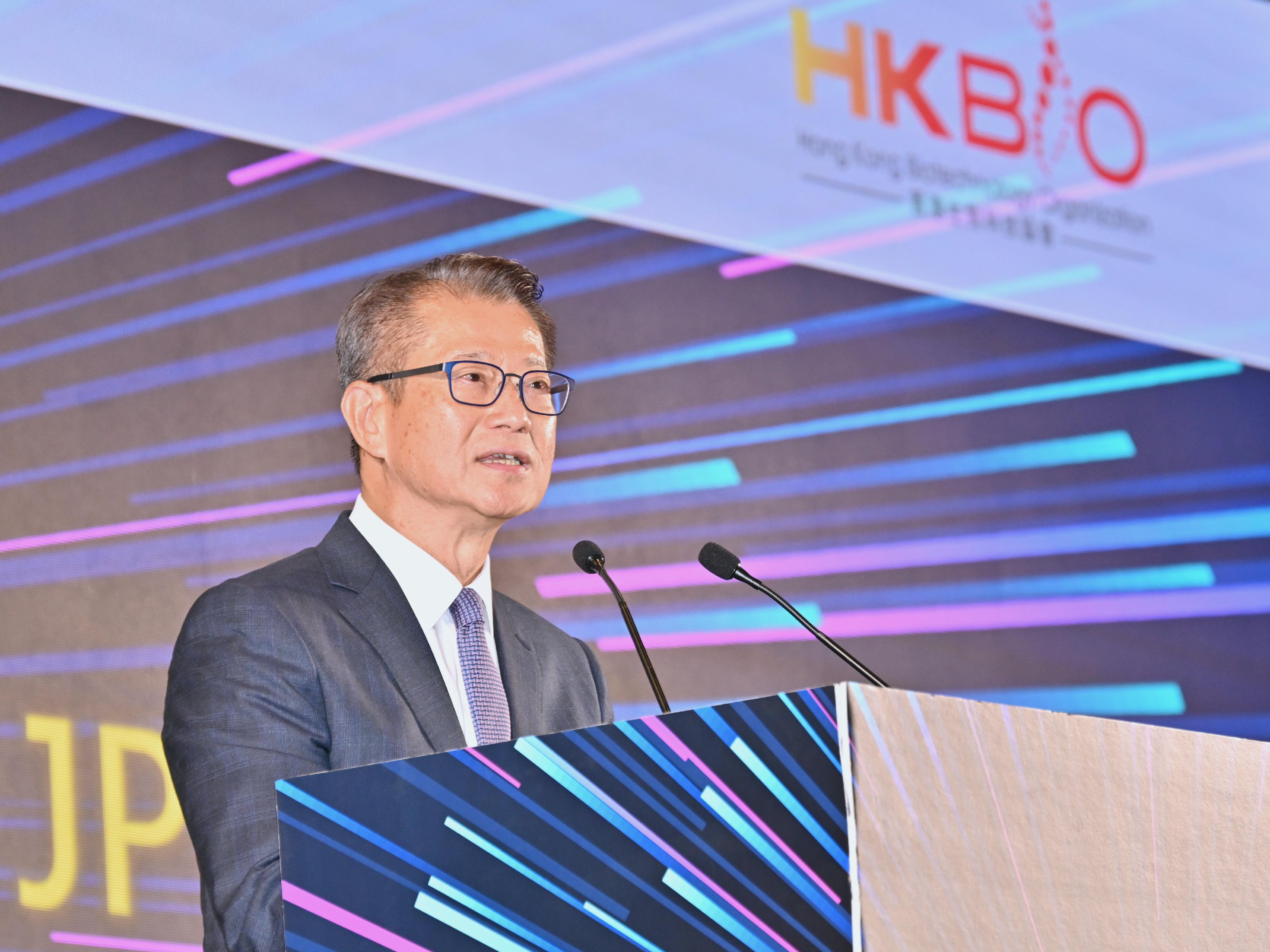 The Financial Secretary, Mr Paul Chan, speaks at the Biotechnology Investment Forum of BIOHK2025 today (September 11).