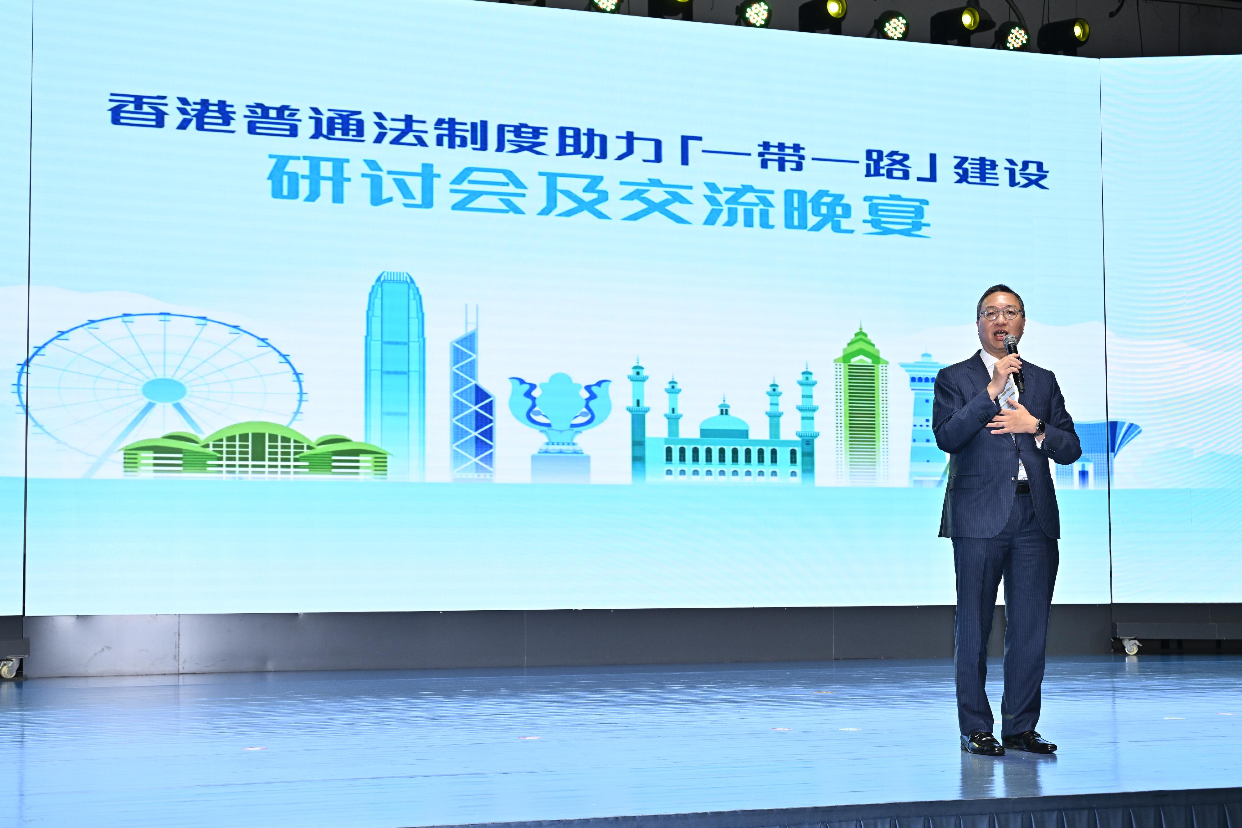 The Secretary for Justice, Mr Paul Lam, SC, leading a cross-professional delegation, attended a seminar on the role of Hong Kong's common law system in contributing to the development of the Belt and Road Initiative, organised by the Department of Justice and the Xinjiang Lawyers Association, in Urumqi, Xinjiang on September 12. Photo shows Mr Lam speaking at the seminar's networking dinner.

